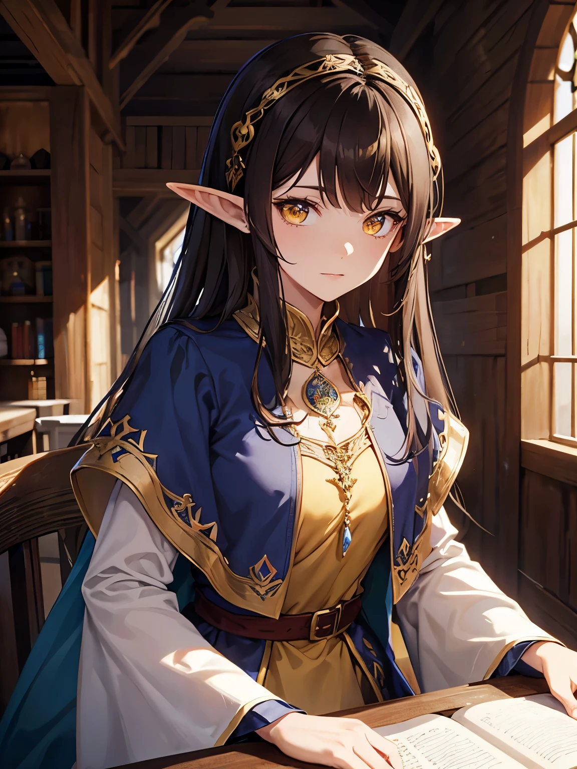 Close up, fantasy world, medieval, mansion, wooden walls, beautyful woman, short ears, elf ears, fair skin, yellow eyes, dark brown hair, long hair, neat hair, no bangs, blue dress, reveling dress