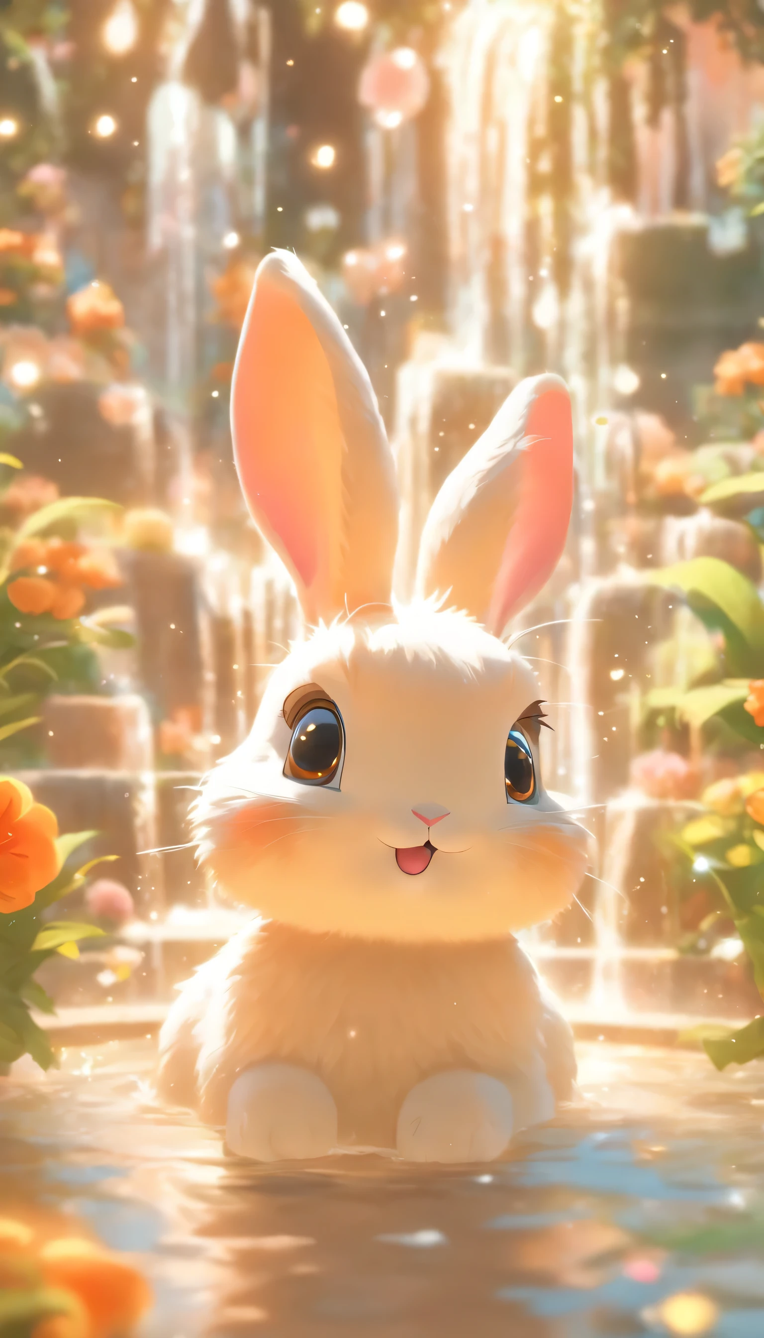 Cute bunny with round eyes, Garden fountain, , Far away from home, Mirror effect