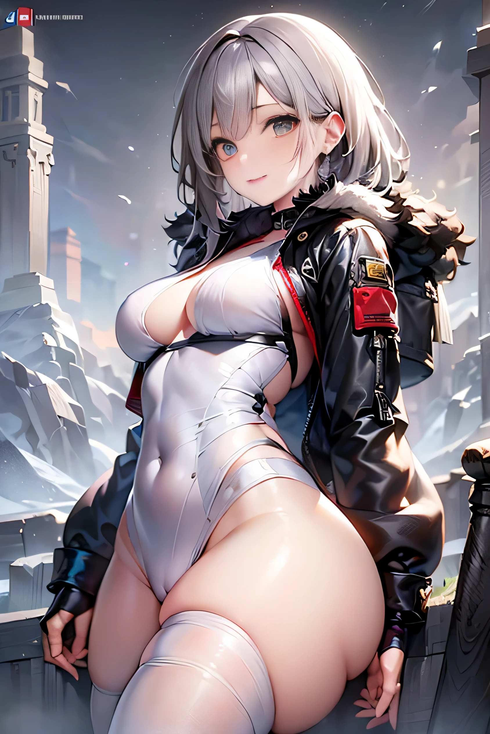 (photorealistic:1.5, highest quality,masterpiece,High resolution,muste piece),snow mountainに立つ1人の23歳の女性,bondage,(white swimsuit:1.5,Down jacket:1.3,choker), detailed eyes:1.7,detailed eyes:1.8,beautiful skin:1.8, (looking at the camera:1.2),(photo seen from behind:1.3),(Medium Hair:1.2,light brown hair:1.5), expression( Sly Smile:1.3),Pause( Seductive pose:1.5),background(snow mountain:1.5,ruins,apocalyptic world),(Medium chest,slender, abs:1.2), (Underwear visible through clothing),(Butt visible through clothes),(detailed perfect face),normal hands:1.5,normal finger:1:5,normal feet:1.5,(cameltoe)