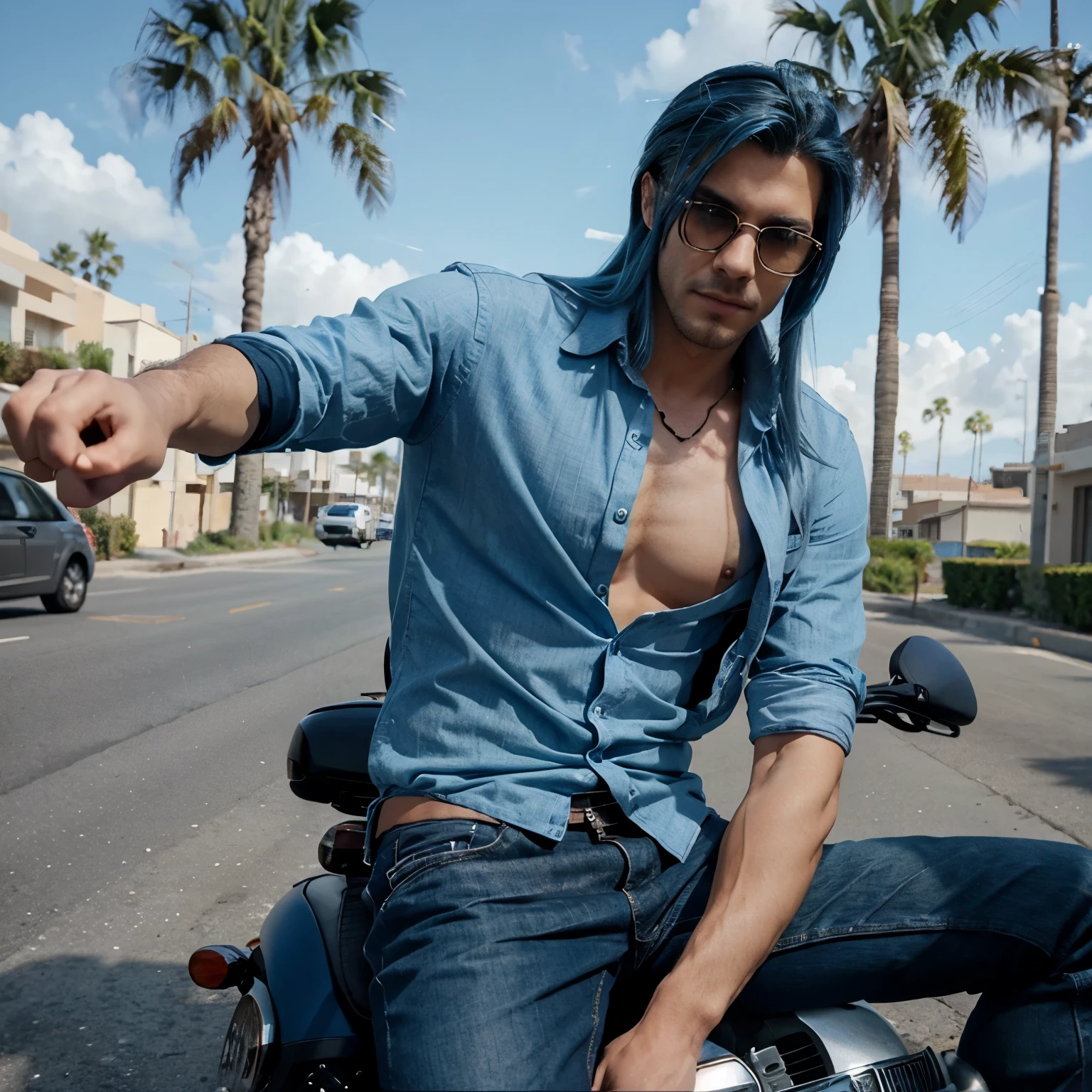 An attractive man with long blue hair in an unbuttoned shirt, athletic body, sitting on a motorcycle, palm trees behind him, wearing smokey glasses