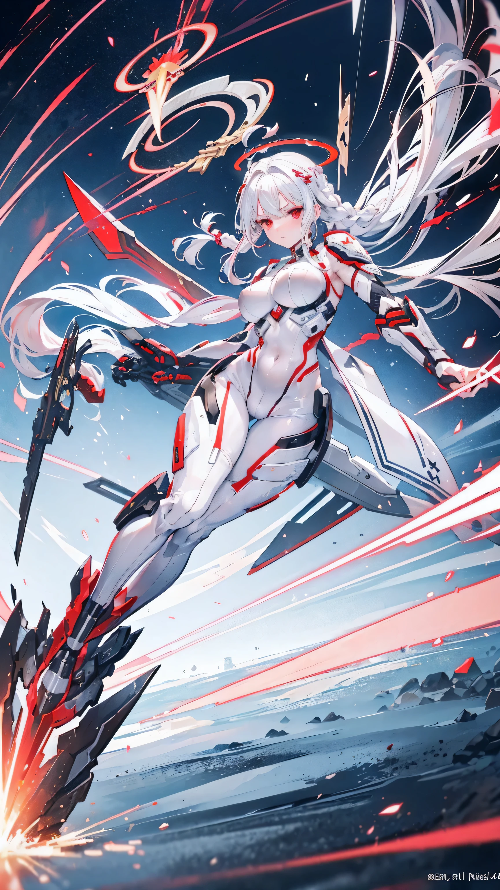 red eye color, gray hair color, zigzag braid hairstyle, (Gal outfit), ((battle gear suit)), (Thor). ((I see a halo on her back)), 40 year old female, anime character, (one person), (expose her navel), ((movement)), (whole body),(In Cyber City), (ax skills), NSFW