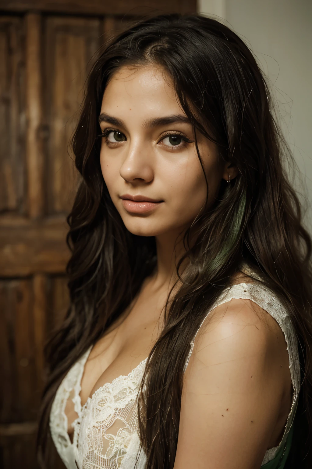 1 23-year-old girl, piel bronceada morena, Brown Dark Hair, cabeza con rasgos finos, nariz fina y perfilada, mirada seductora; coqueta y profunda, senos medianos, smiling wearing a long dress that is not close to the body; con estamapado de flores no escotado, que no se le vean los senos, un poco seria del rostro, con unas flores de fondo en una casa de madera