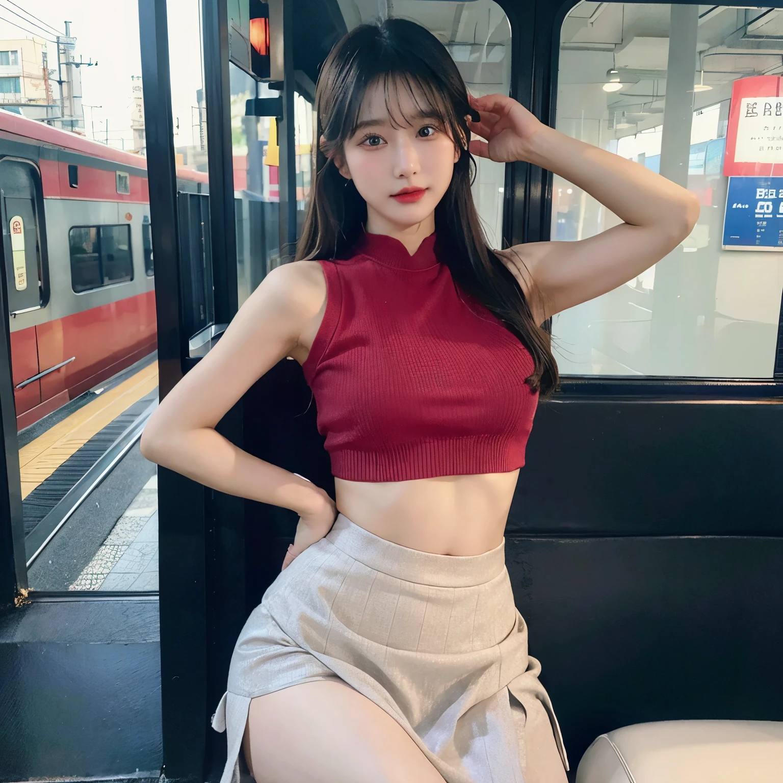 realistic、asian beauty、train、skirt、crop top、skirtを捲ってPantiesを見せる