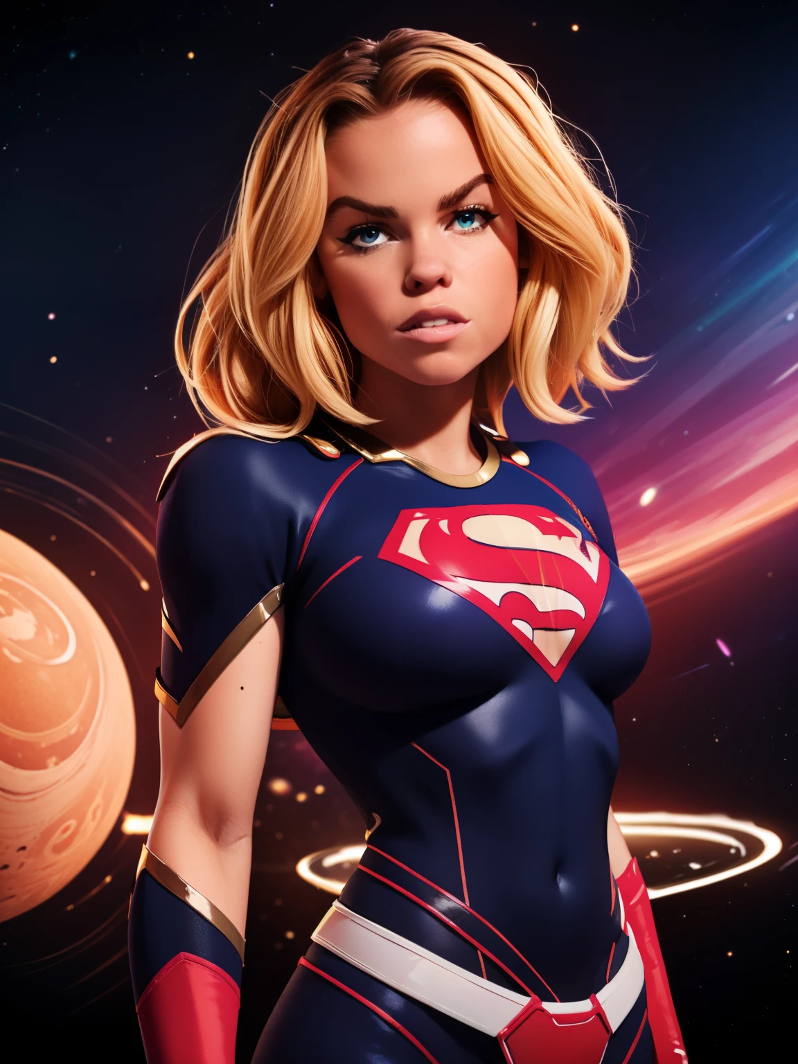 (((comiс style, arte dos desenhos animados))). ((1 garota)), sozinho, Sozinho, Uma imagem em comiс style de Supergirl, a hot heroine, com ela como figura central. Ela usa uma roupa tradicional da Supergirl azul e vermelha, saia pequena vermelha, (((Rosto de Milly Alcock))) . ((corpo magro e quente). (((Cinematic cosmic space background))) . She has a strong and courageous expression, como se ela estivesse pronta para lutar contra o mal.