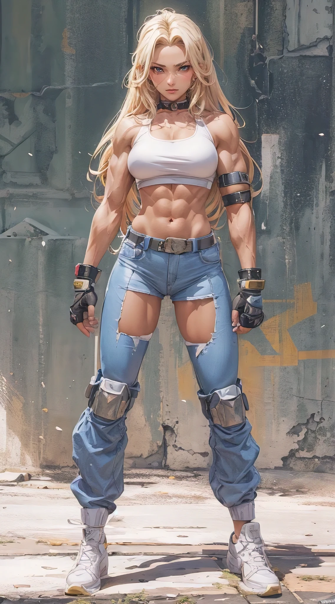 "(best quality,4k,8k,highres,masterpiece:1.2),professional,character design,illustration,fighting game,female,street fighting outfit,muscular yet feminine,powerful pose,meticulous facial features,vibrant colors,dynamic lighting,grim urban backdrop"