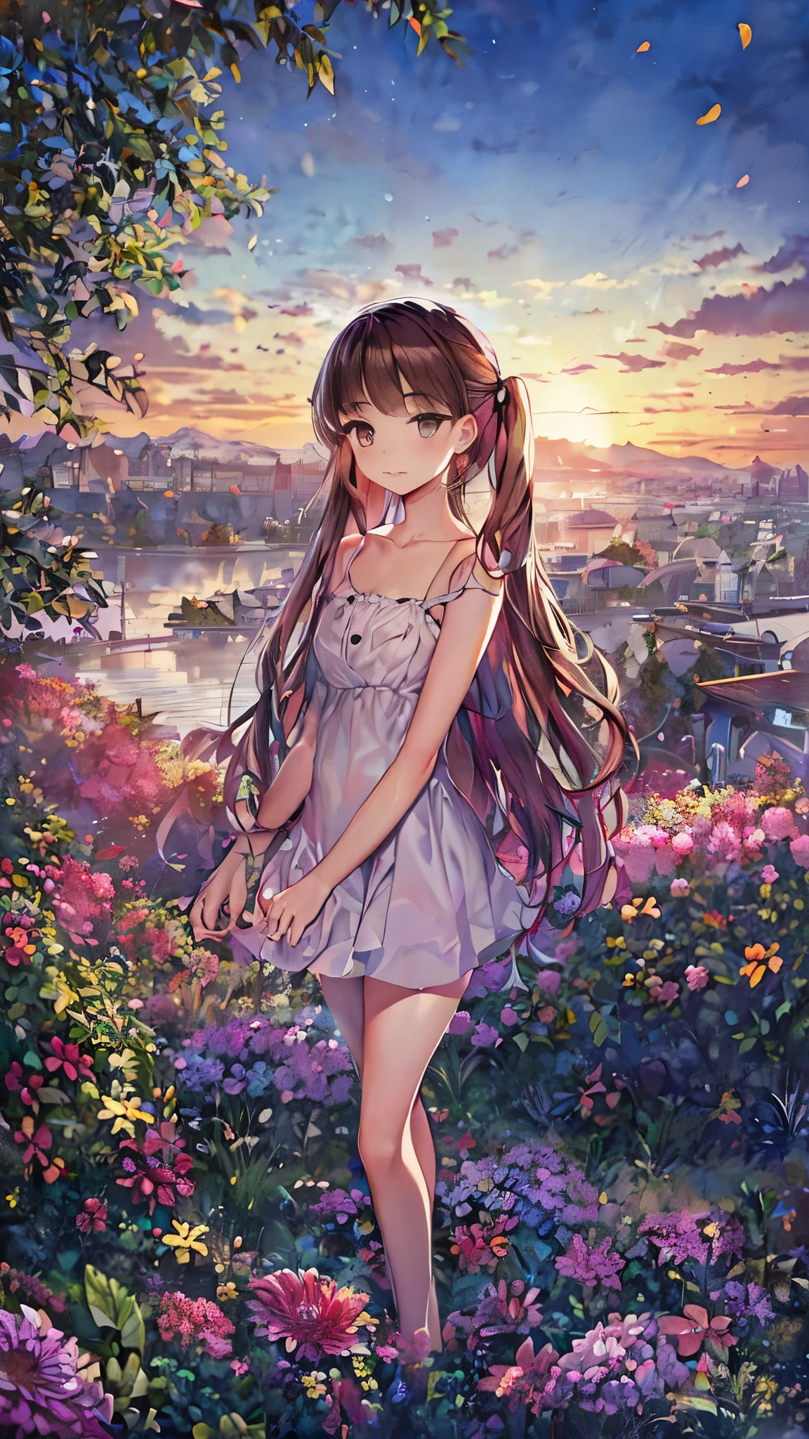 secret:1.4), cosmos field、 (1 girl, alone:1.4), cute,twin tail hair，， (Little:1.6),detailed small breasts, 　 riverbank at dusk、A fantastic pre-beat that embodies a strong wind and flutters cosmic petals.、 ((writing lines transparency best quality best work concept art.))、beautiful illustrations, pastel colour, illustration style, realistic skin feel, realistic material、watercolor painting,