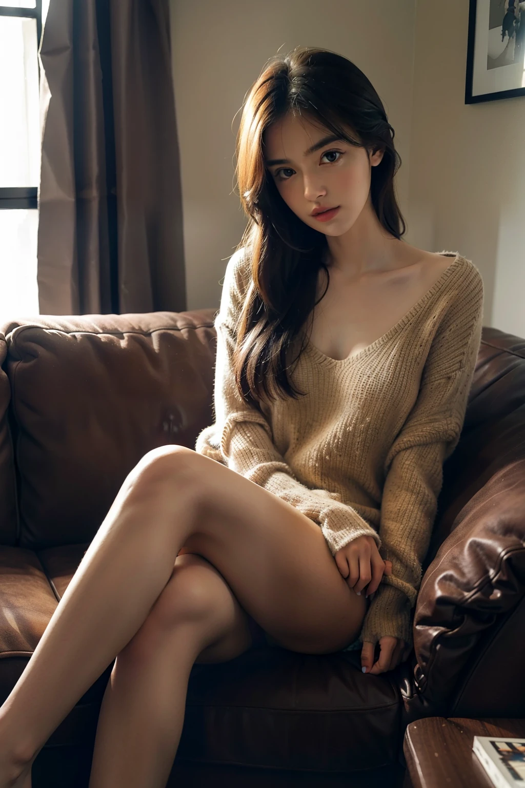 1 girl,sitting on a cozy sofa,crossing your legs,soft light