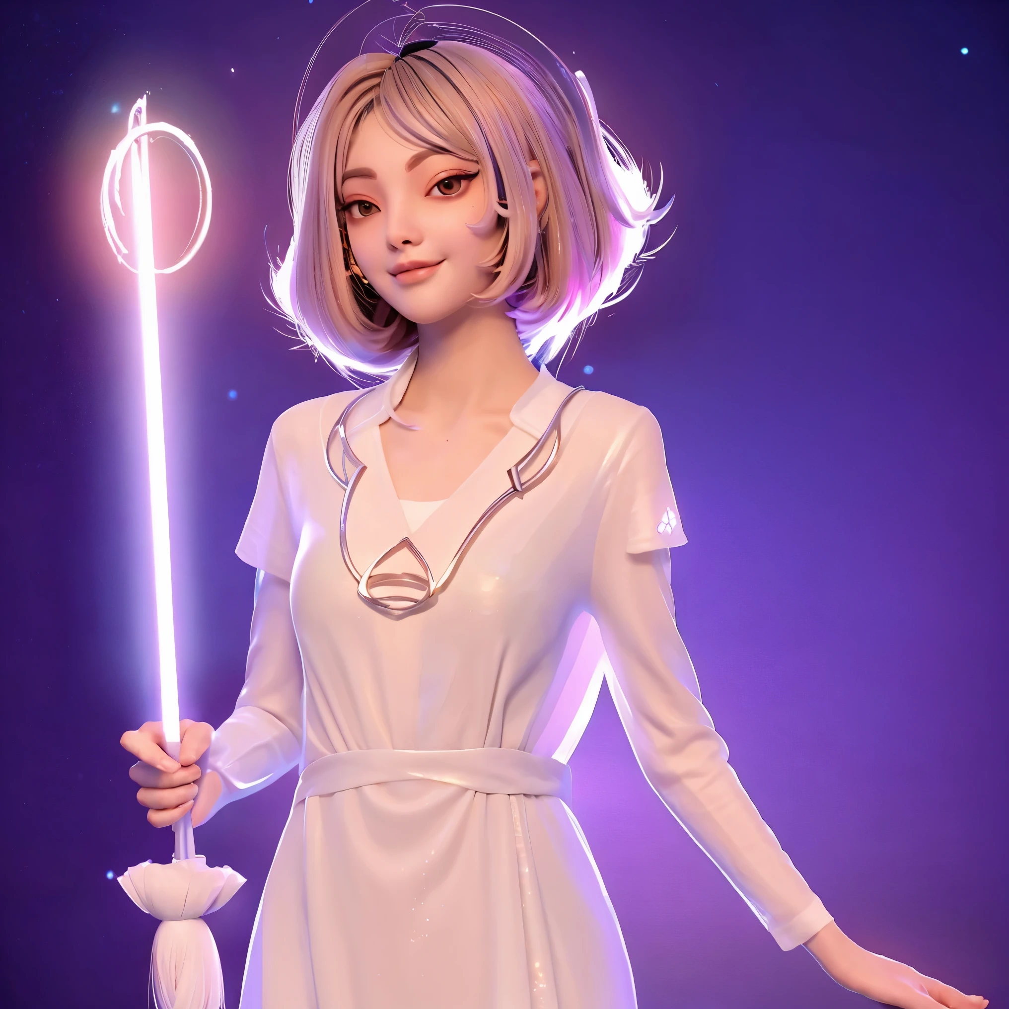 Ela tem cabelos longos e sedosos, que fluem suavemente em torno dela, parecendo ser feitos de luz pura. His expression is kind and welcoming,wears a white tunic, adorned with celestial symbols that glow with a soft luminescence