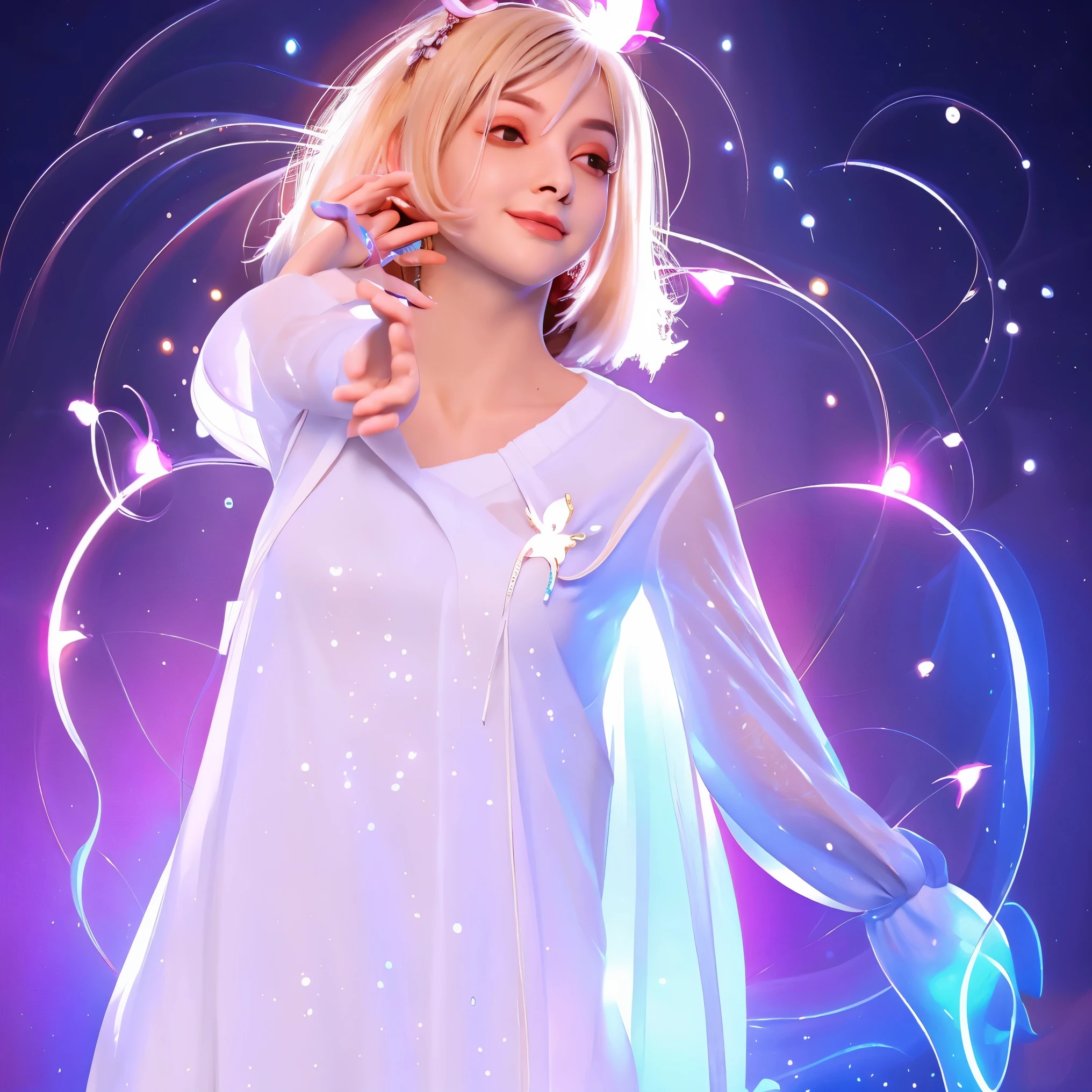 Ela tem cabelos longos e sedosos, que fluem suavemente em torno dela, parecendo ser feitos de luz pura. His expression is kind and welcoming,wears a white tunic, adorned with celestial symbols that glow with a soft luminescence