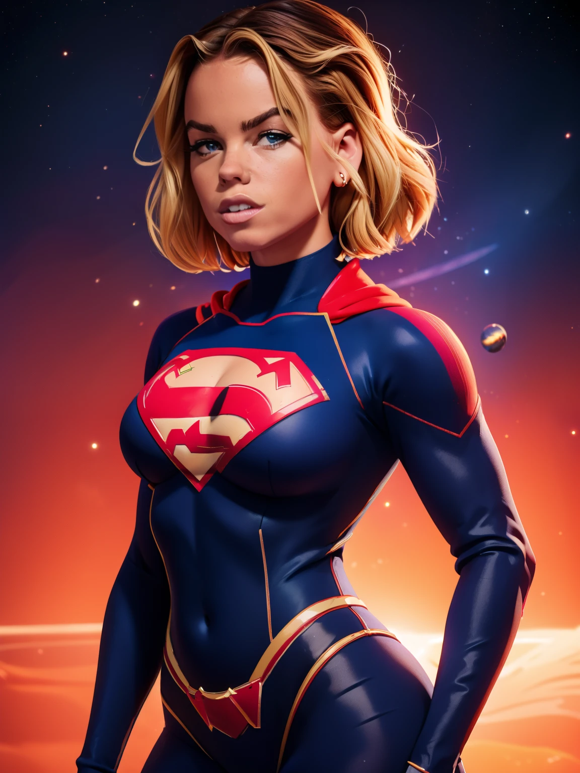 (((comiс style, arte dos desenhos animados))). ((1 garota)), sozinho, Sozinho, Uma imagem em comiс style de Supergirl, a hot heroine, com ela como figura central. Ela usa uma roupa tradicional da Supergirl azul e vermelha, saia pequena vermelha, (((Rosto de Milly Alcock))) . ((corpo magro e quente). (((Cinematic cosmic space background))) . She has a strong and courageous expression, como se ela estivesse pronta para lutar contra o mal.