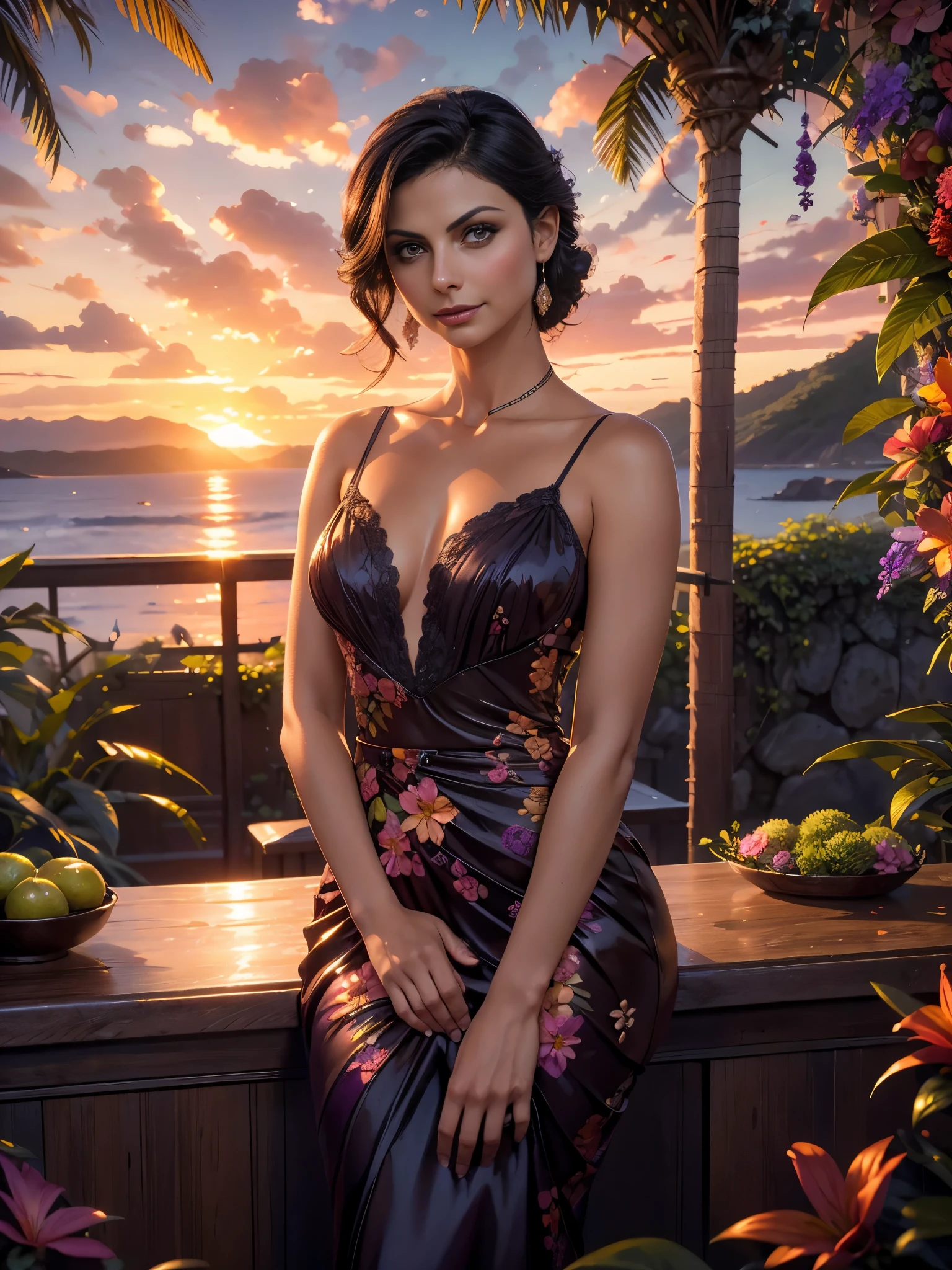 Foto hiperrealista en primer plano de Morena Baccarin masterpiece, best quality, (photorealistic:1.4), (gloss evening dress1.2), cinematic light, skinny, medium breasts, black long wavy hair, detailed face, smile, facing the camera, summer, tropical, jungle, ((surrounded by beautiful flowers:1.1)), whimsical, intricate brush strokes, beautiful lighting, intricate details, Unreal Engine, creative, expressive, detailed, colorful, digital art, unique, (gorgeous sunset:1.3), suggestive pose