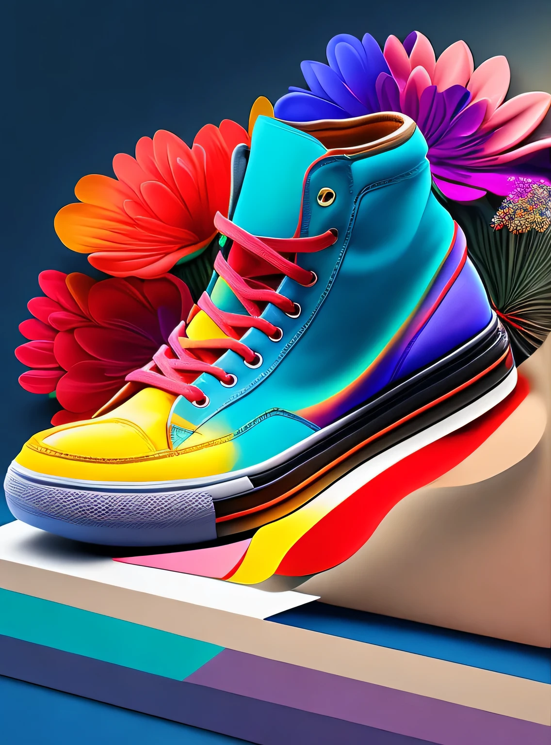 the colorida abstract of sneakers, flowers, fundo de itens de garagem, (colorida,altamente detalhado,arte vetorial)