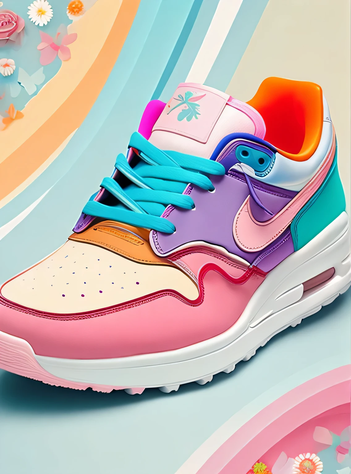 the colorida abstract of sneakers, flowers, fundo de itens de garagem, (colorida,altamente detalhado,arte vetorial) pastel colors