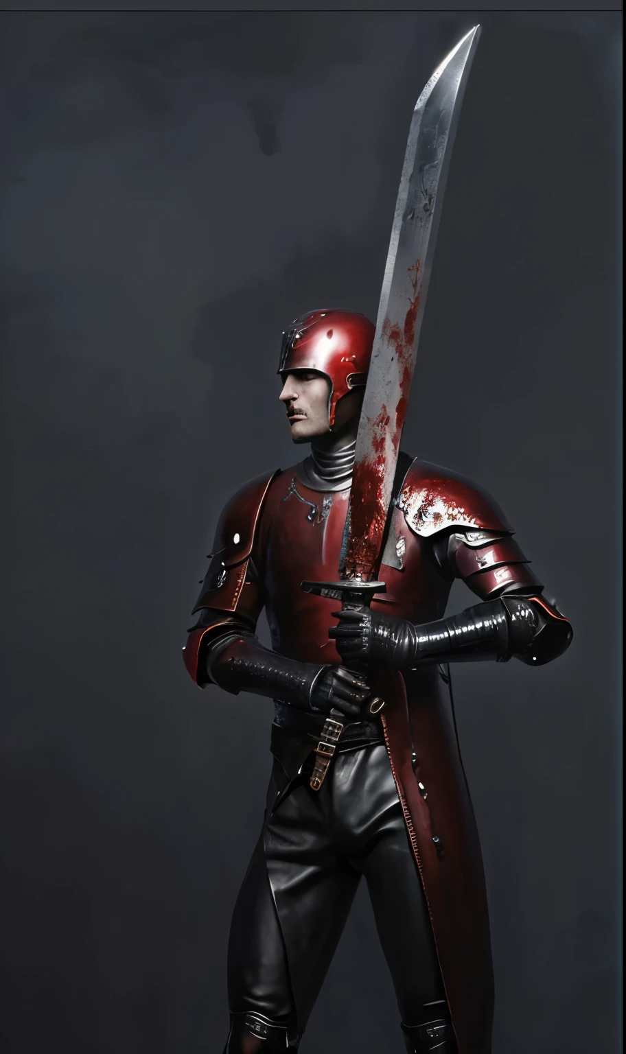 dungen background, heroic male holding a two handed sword, leather armor, helmet, blood dripping on the sword