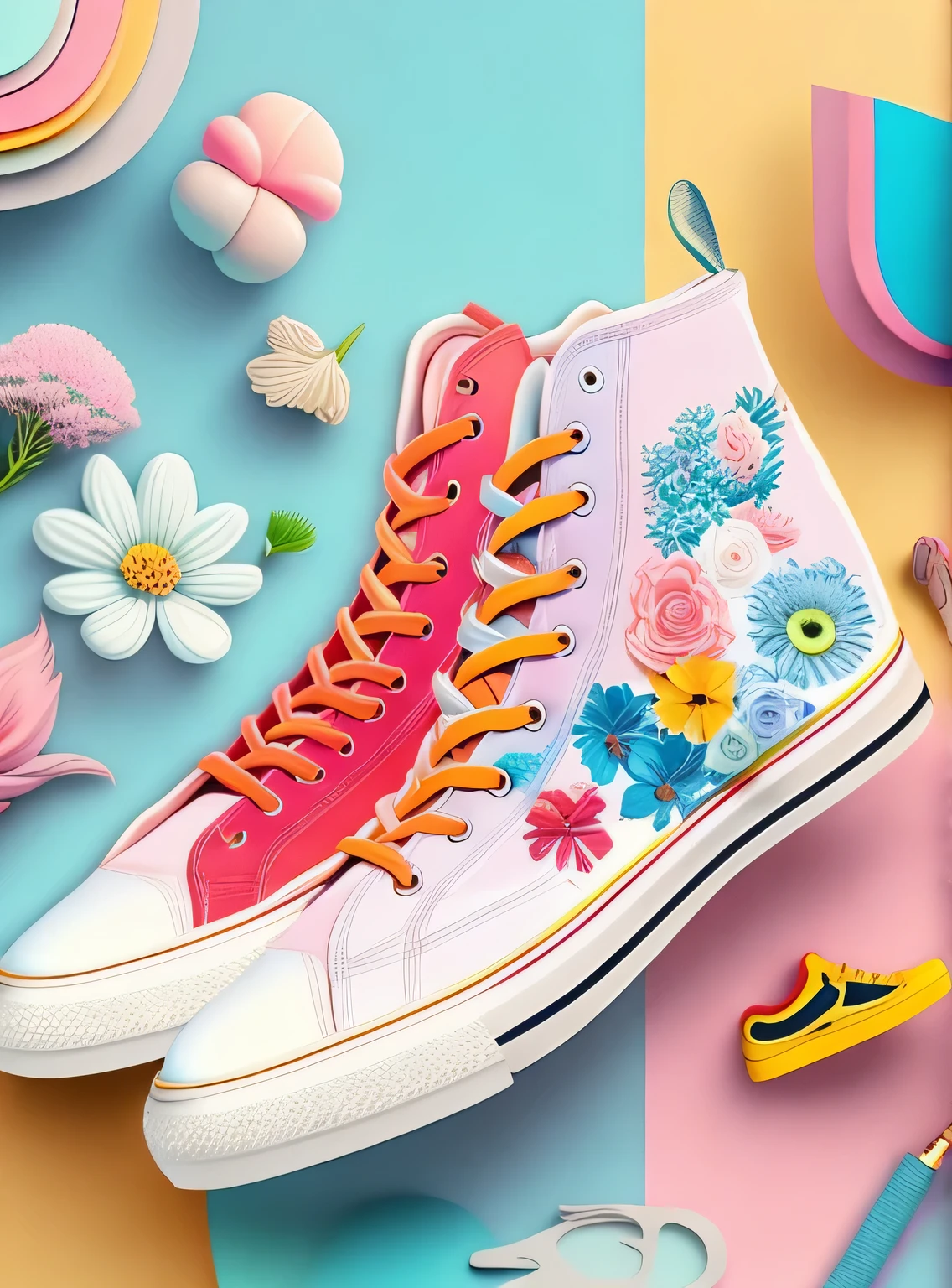 the colorida abstract of sneakers, Flores, fundo de itens de garagem, (colorida, altamente detalhado, arte vetorial) Cores pastel