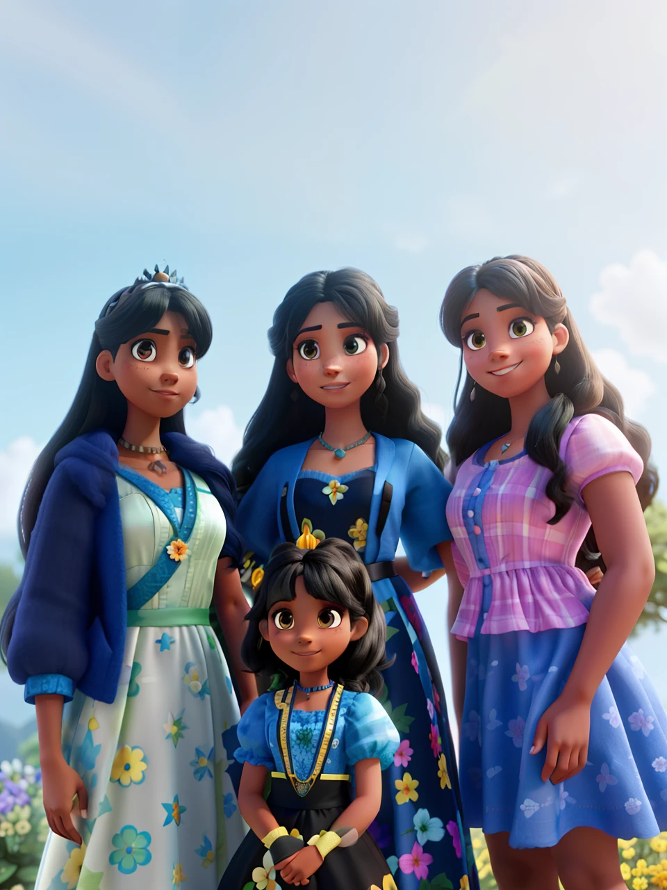 create a Disney pixar image of three female sisters, the first with dark straight hair and large black eyes with braces on her teeth, wearing a long blue flowery dress and the second woman with medium dark, light brunette hair with striking eyes and a dark dress black with details and the third thin woman with long dark hair with bangs dark Indian-type skin with a green dress and they are hugging in a very beautiful place