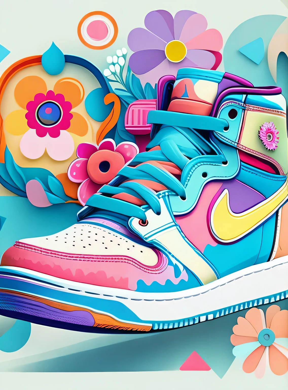 the colorida abstract of sneakers, Flores, fundo de itens de garagem, (colorida, altamente detalhado, arte vetorial) Cores pastel