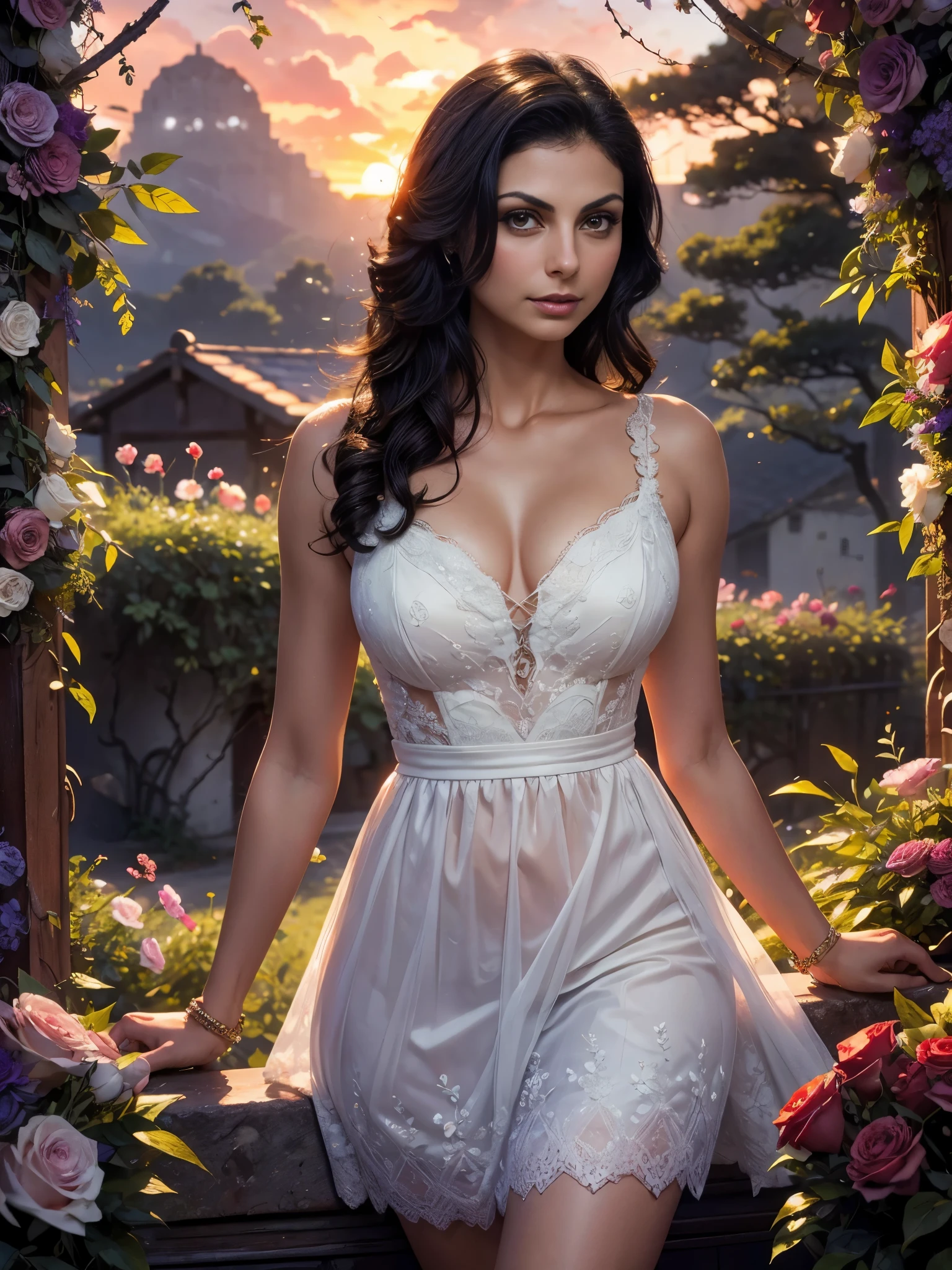 Foto hiperrealista en primer plano de Morena Baccarin, gorgeouseyes, wavy black hair, high quality, beautiful details, rich details in a green forest, surrounded by beautiful flowers, beautiful lighting, high resolution, wearing a white dress, ((surrounded by beautiful flowers:1.1)), whimsical, intricate brush strokes, beautiful lighting, intricate details, Unreal Engine, creative, expressive, detailed, colorful, digital art, unique, (gorgeous sunset:1.3), suggestive pose