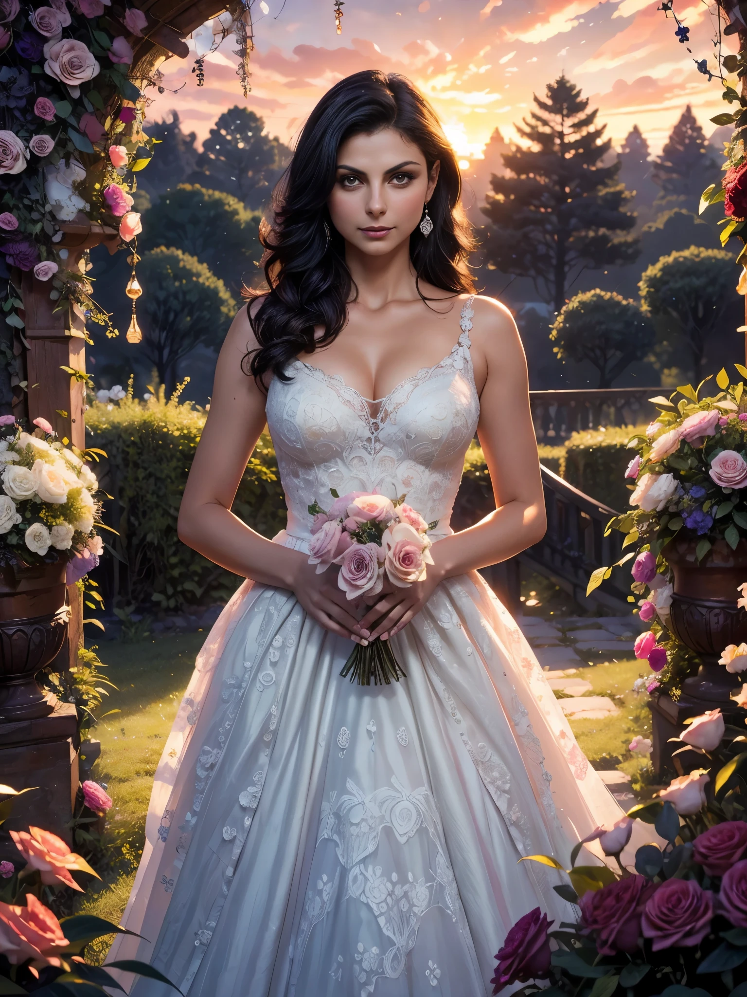 Foto hiperrealista en primer plano de Morena Baccarin, gorgeouseyes, wavy black hair, high quality, beautiful details, rich details in a green forest, surrounded by beautiful flowers, beautiful lighting, high resolution, wearing a white dress, ((surrounded by beautiful flowers:1.1)), whimsical, intricate brush strokes, beautiful lighting, intricate details, Unreal Engine, creative, expressive, detailed, colorful, digital art, unique, (gorgeous sunset:1.3), suggestive pose