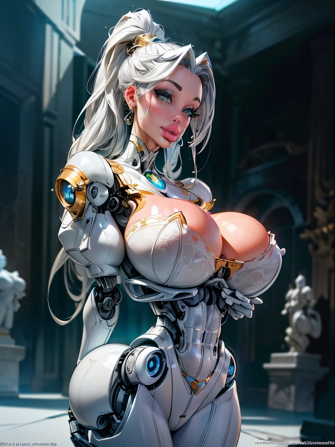 ((Portrait)), ((Official art)), turning head looking to viewer, ((stone statue:1.4)), There is a woman statue in a robot suit ((posing next to an futuristic Roman building)), ((long side burns)), ((long hair bangs)), Beautiful girl half cyborg, ((long hair)), ((gray ass:1.3)), Cute cyborg girl, Beautiful girl cyborg, (aletta ocean face), (puffy lips), Perfect Robot Girl, Cyborg girl, (ass air bags), intricate details on ass, Young cyborg lady, Beautiful Female Robot, ((robotic abs:1.4)), intricate holes on ass, Beautiful robot woman, cyborg girl, perfect cyborg female, ((porcelain cyborg)), Female robot, Beautiful cyborg images, (cinematic lighting),((stone material:1.4)), sexy aesthetic, There is a woman in a robot suit ((posing inside futuristic Roman building)), ((stone statue)), ((off white aesthetic:1.5)), ((Beautiful white girl half cyborg)), (gigantic breasts:1.7), Cute cyborg woman, (ass air bags),, ((official art)),(((Masterpiece))),(Best Quality), (Super Detail),((Very Delicate and Beautiful)),cinematic lighting,1 girl,((full body portrait)),((standing confident)),((solo)), an hourglass waist,padded and corseted bodice,(((bokeh light))),long train,((gorgeous embroidery and jeweled)),voluminous frills,See-through,(gorgeous embroidery and beautiful lace),(((extremely gigantic tits,skindentation))),cleavage,((short hair,extremely voluminous twin sideburns,((detailed statue)),(finely detailed face and eyes),clear pupil,extremely gorgeous, full ornament,((opera gloves)),(beautiful background),((full body))