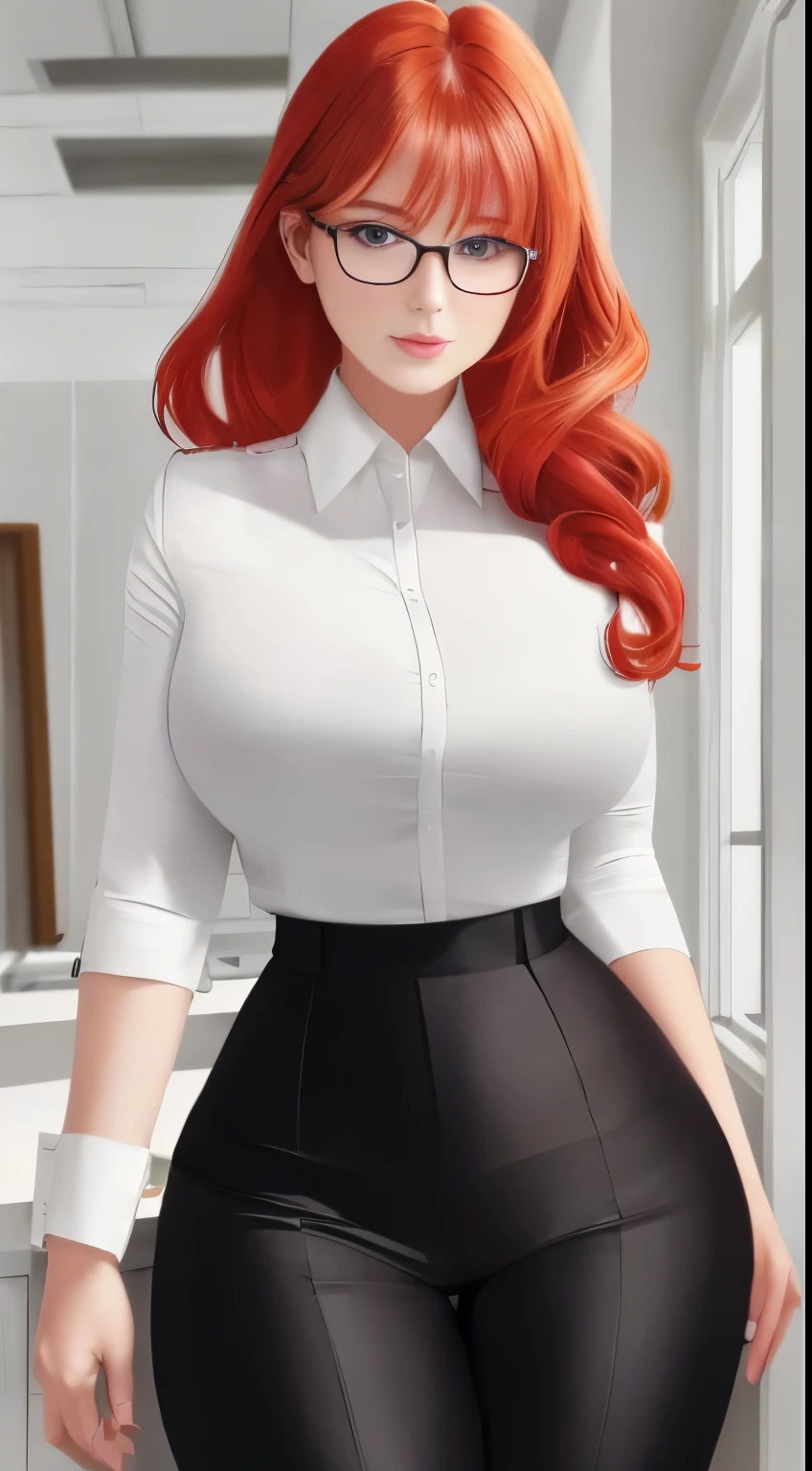 /draw (masterpiece, best quality), 8k, ultra-detailed, realistic photo, detailed face, perfect illumination, beautiful eyes, bright ginger hair, bright hair, beautiful legs, side photo, beautifull, cute, skin pores, 1girl, standind in office, hiking, office pants, perfect shirt, full dressed, beautyful women 20 years, beautiful proportions, russian woman, caucasian, european, businesslady, stunningly beautiful woman, milf, thick legs, big chest, (thin white shirt:1.4), thick, hot, (white office clothes:1.4), skinny pants, (wide hips:1.2), thick, (white office pants:1.3), spread legs, legs open, in full growth, wide hips, glasses