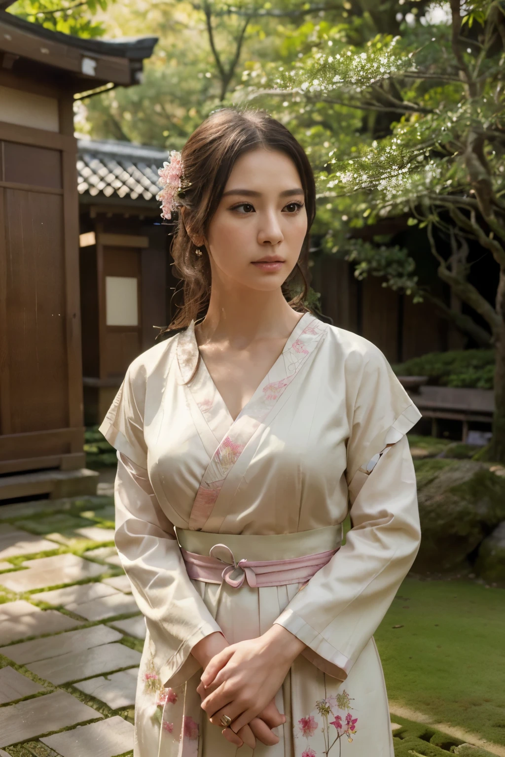 (best quality,4k,8k,highres,masterpiece:1.2),ultra-detailed,(realistic,photorealistic,photo-realistic:1.37), beautiful Woman in traditional Japanese dress, spring meditation in Japan garden, soft lighting, vivid colours, photorealistic, ethereal atmosphere, HDR, sharp, soft cinematic volumetric lighting, vivid colours