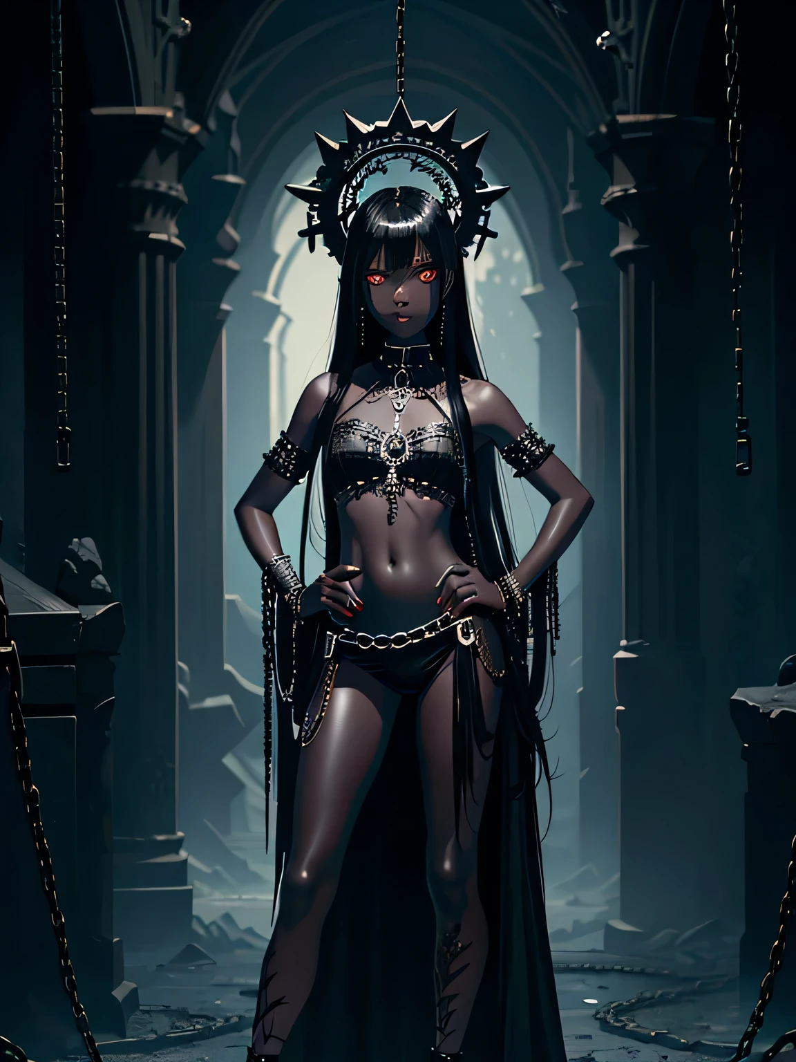 ((black girl)), (hentai). (((little ,small tiny body,,chibi,small))),(((6 years old))),(round face),(little chest),(big forhead:1.2),(beautiful eyes),extremely detailed cute anime face, (((flat chest))),((((long hair,long hime cut,dark hair,black hair,colored inner hair)))),(((yelow_eyes:1.3,gold_eyes))),intricate eyes,beautiful detailed eyes,symmetrical eyes,,(((((dark skin),very shiny skin,shiny body,Reflective skin)))),(((detailed face))),beautiful detailed lips, (cute,kawaii),((nsfw)),((naked)),barefoot,bare arms,exposed belly button, naked legs, dynamic pose,looking at viewer,embarrassed,centered,scale to fit dimensions,Rule of thirds, indoor, castle ,extremely scenery,(intricate),(masterpiece),(intricate background),((intricate detail)),(((vibrant colors,vibrant theme))), highres,(best quality),(ultra detailed,extremely detailed),perfect face details,artistic photography,(barefoot),((slave collar,shackles)),(naked torso),(creampy),(girl having sex).