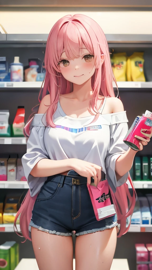 (8K, highest quality, masterpiece、highest quality:1.0), (ultra high resolution、detailed person、detailed background、background bokeh、detailed face), Off-shoulder thin super long T-shirt、I don't wear underneath、Standing in line at the cash register、shopping、A woman who came to buy condoms、In front of the cash register、Pov, embarrassed face、blush、looking down、Waiting for wallet and box of condoms、Cashier counter、buy canned beer and condoms、Drug store、General Store、convenience store、beautiful thighs、(sweat,steam),