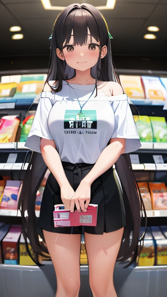 (8K, highest quality, masterpiece、highest quality:1.0), (ultra high resolution、detailed person、detailed background、background bokeh、detailed face), Off-shoulder thin super long T-shirt、I don't wear underneath、Standing in line at the cash register、shopping、A woman who came to buy condoms、In front of the cash register、Pov, embarrassed face、blush、looking down、Waiting for wallet and box of condoms、Cashier counter、buy canned beer and condoms、Drug store、General Store、convenience store、beautiful thighs、(sweat,steam),