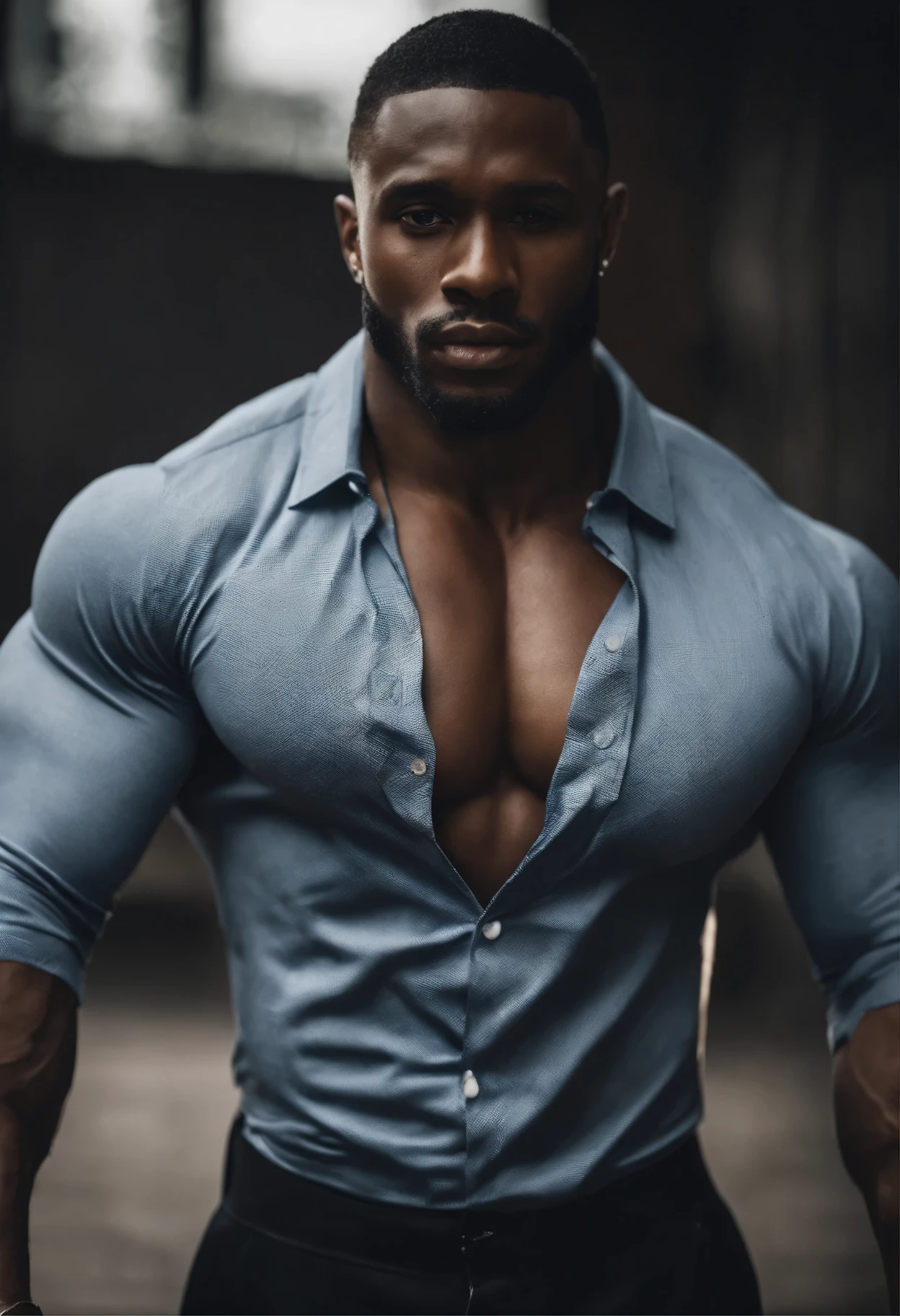 Black man in shirt posing for photo, tearing, perfect body, Big breasts, 瘦而muscular, muscular, 瘦但muscular, Beautiful and handsome body, 非常muscular, muscular的身体, V-chest clothes, muscular man, sexy muscular body, Chiseled, Muscle tissue, attractive body, muscular, muscular