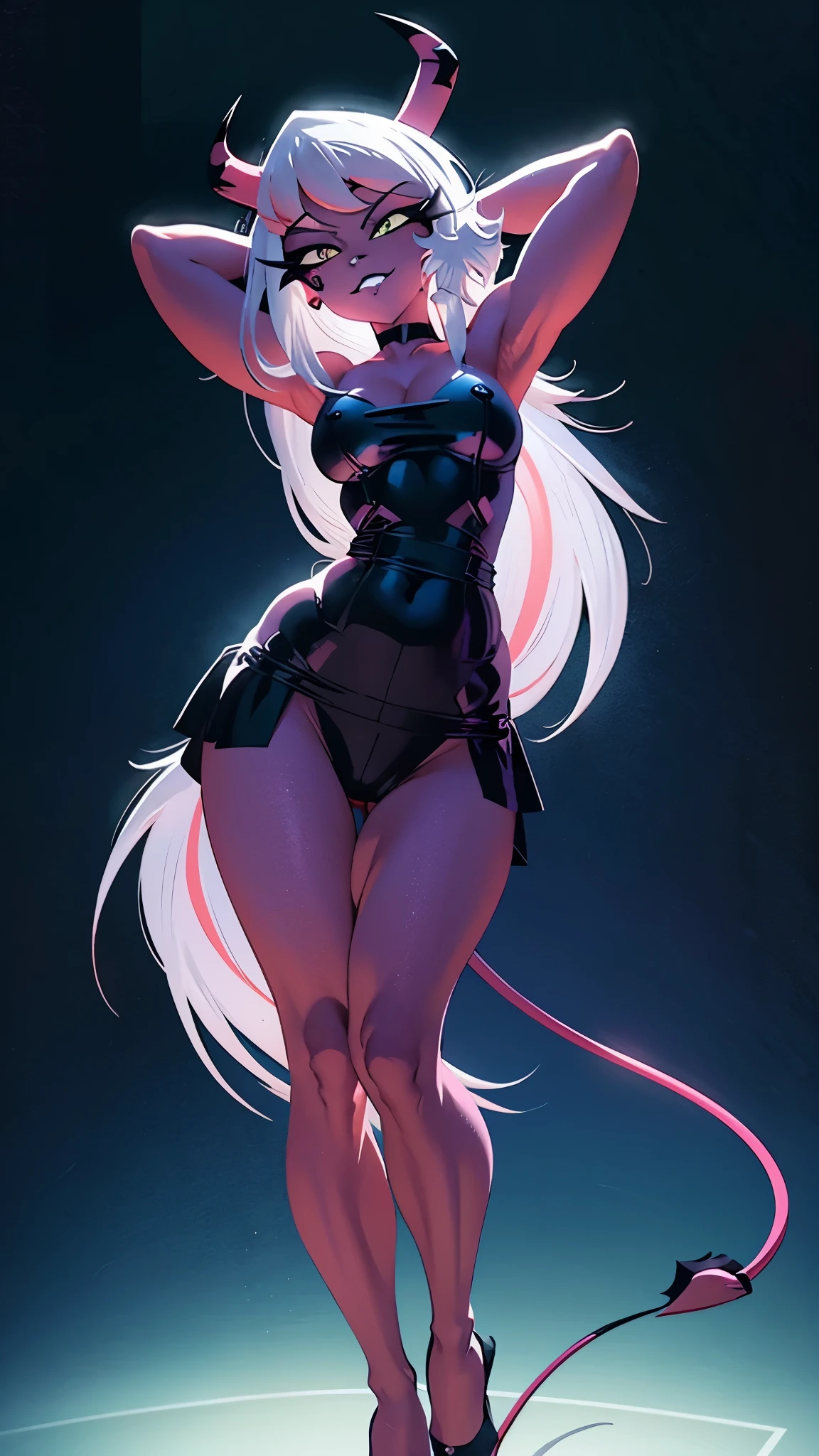 Fantasy realism style,Veronica,(solo:2),(a girl),devil girl,Has a pair of goat horns and hooves,Skin is dark red,Wearing a flowing black dress,visual lens,Calm eyes,(Show the hoof part:0.8),(Possess red hair、corner ornaments,Repeatedly emphasize the presence of angles:0.8),devil horns,arm at side,leg hold,(Feet on smooth floor),Overall anime style,Focus on symmetry,Visual horizon shooting,Requires works to reach ultra-high definition(UHD)standard,Precise human anatomy,(Hands conform to human anatomy),Super detailed characterization,Ensure high quality output,Suitable for 4K resolution and 1080P resolution display,Normal number and arrangement of fingers,Natural alignment of knuckles,No extra knuckles,Fingers can extend and flex freely,No restrictions or misalignments,Even distribution of hand strength,Each finger is flexible and strong,Smooth and continuous skin on hands,No redundant organizational structure