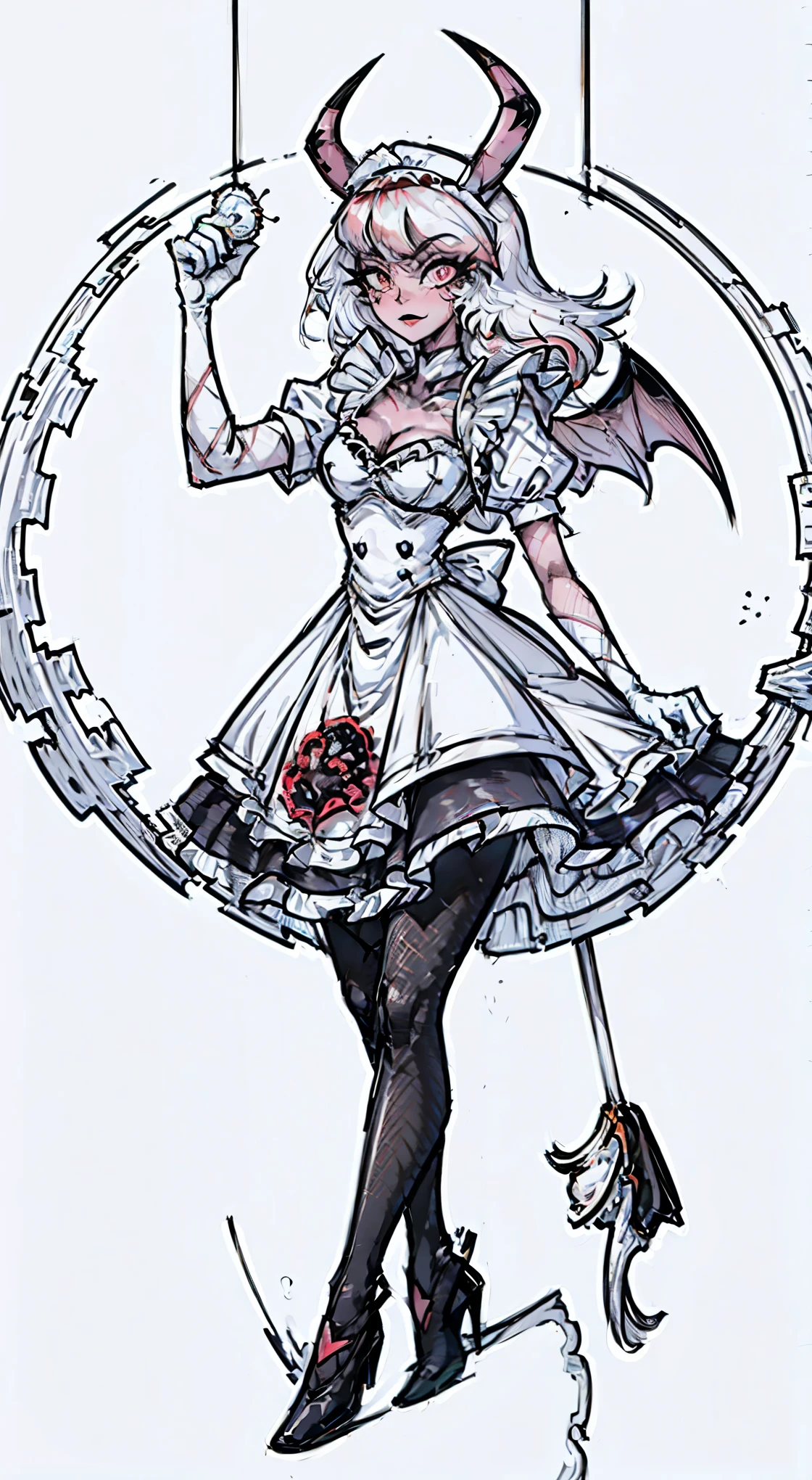 Veronica，（solo:2），（a girl），devil girl，Has a pair of goat horns and hooves，Skin is dark red，（Wearing a maid dress），visual lens，Calm eyes，（Possess red hair、corner ornaments，Repeatedly emphasize the presence of angles:0.8)，devil horns，（Put one hand behind your head，Place one hand on your leg:2），Wearing white gloves，（Feet on smooth floor），Overall anime style，Focus on symmetry，Visual horizon shooting，Requires works to reach ultra-high definition(UHD)standard，Precise human anatomy，（Hands conform to human anatomy），blank background，Linearization，Ensure high quality output，Suitable for 4K resolution and 1080P resolution display，Normal number and arrangement of fingers, natural alignment of knuckles, no extra knuckles, free extension and flexion of fingers, no restriction or dislocation, uniform distribution of hand strength, flexible and powerful fingers, smooth and continuous hand skin, no redundant tissue structure