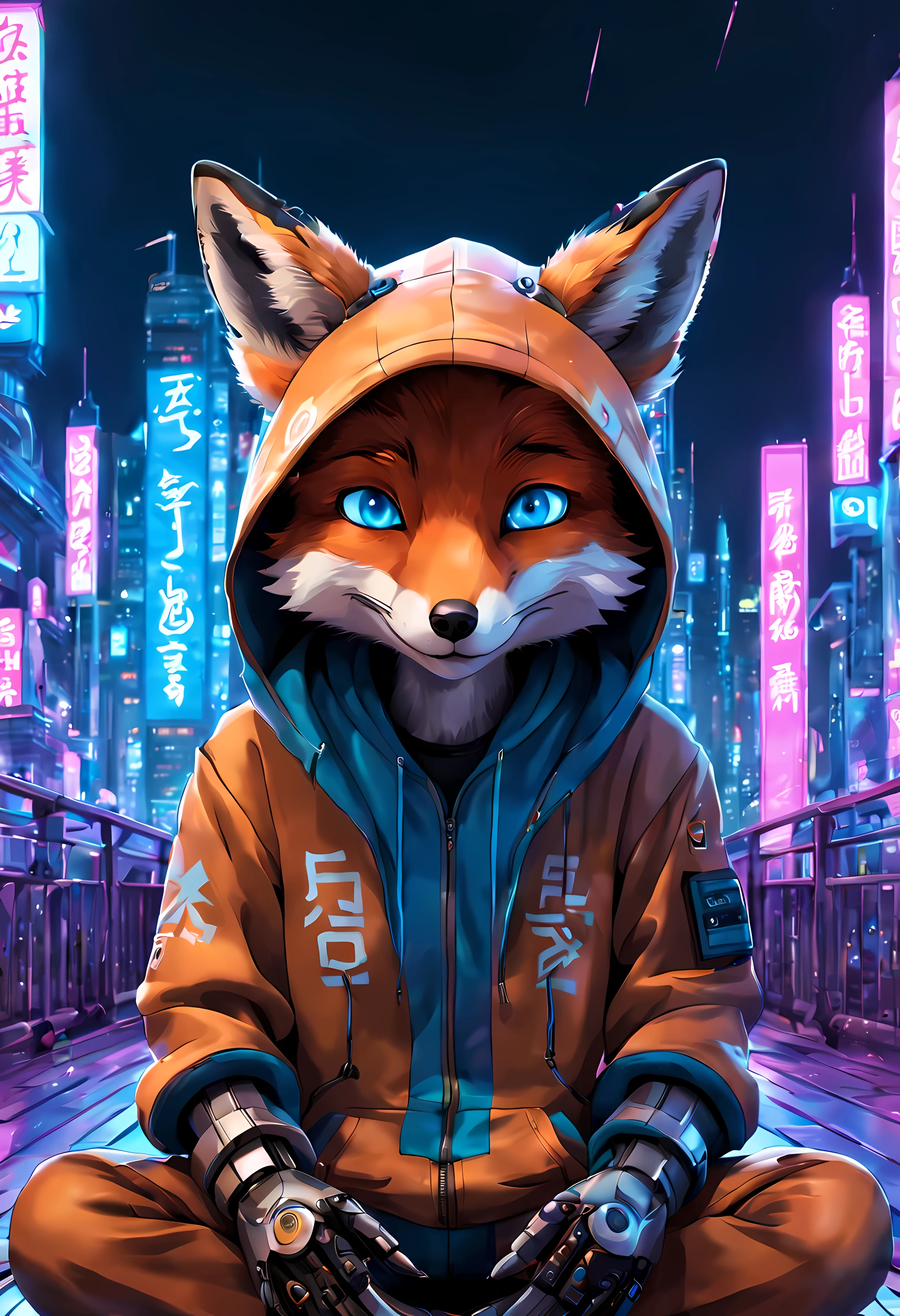 Cute Cartoon, CuteCartoonAF. | Masterpiece in maximum 16K resolution. | (Cute cartoon style). | Front view of an (solo adorable fox cyberpunk citizen) meditating in a spacious Japanese pavilion, (wearing a fashionable hoodie), ((mechanical arms)). | (((Soft smile, looking at the viewer))), vivid blue eyes, ((one of the eyes is mechanical)). | Cyberpunk cityscape in the background. | ((More_Detail))