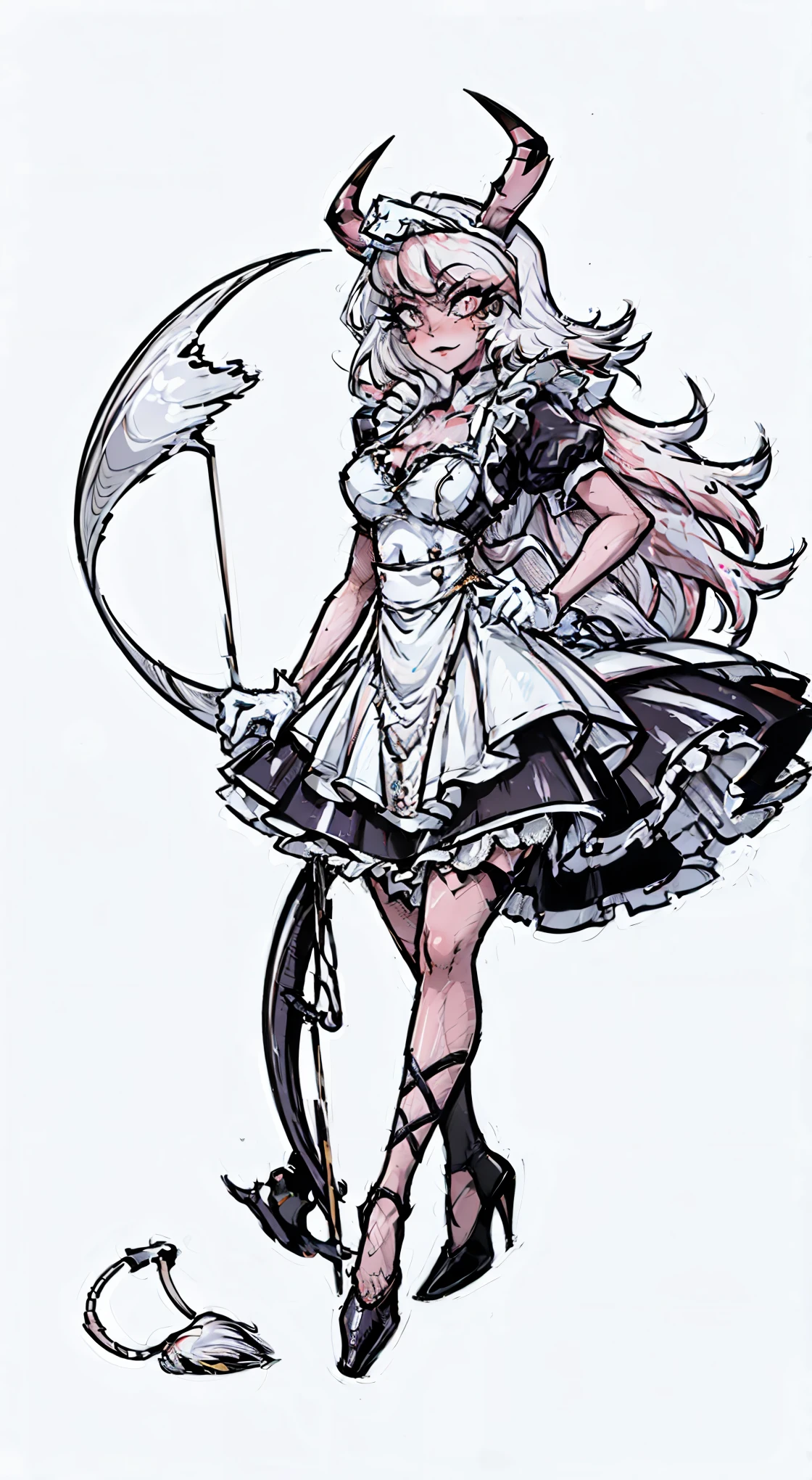 Veronica,(solo:2),(a girl),devil girl,Has a pair of goat horns and hooves,Skin is dark red,(Wearing a maid dress),visual lens,Calm eyes,(Possess red hair、corner ornaments,Repeatedly emphasize the presence of angles:0.8),devil horns,(Put one hand behind your head,Place one hand on your leg:2),Wearing white gloves,(Feet on smooth floor),Overall anime style,Focus on symmetry,Visual horizon shooting,Requires works to reach ultra-high definition(UHD)standard,Precise human anatomy,(Hands conform to human anatomy),blank background,Linearization,Ensure high quality output,Suitable for 4K resolution and 1080P resolution display,Normal number and arrangement of fingers, natural alignment of knuckles, no extra knuckles, free extension and flexion of fingers, no restriction or dislocation, uniform distribution of hand strength, flexible and powerful fingers, smooth and continuous hand skin, no redundant tissue structure