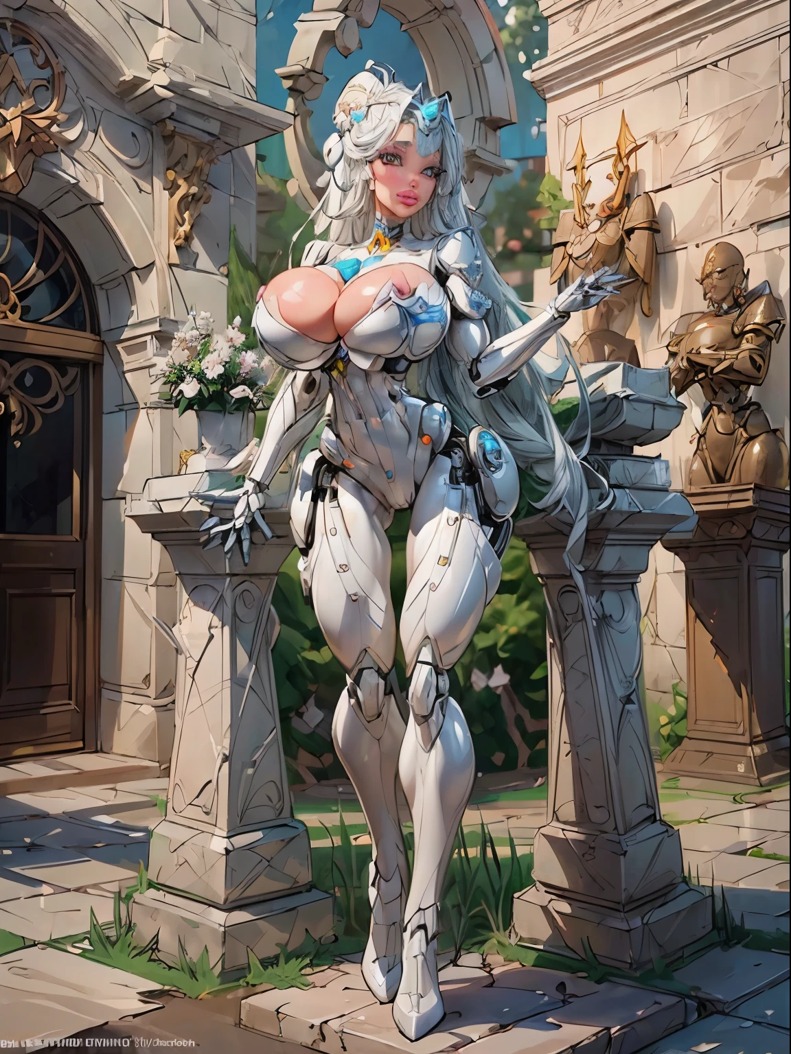 ((Portrait)), ((Official art)), turning head looking to viewer, ((stone statue:1.4)), There is a ((woman marble statue)) in a robot suit ((posing next to an futuristic Roman building)), ((long side burns)), ((long hair bangs)), Beautiful girl half cyborg, ((long hair)), ((gray ass:1.3)), Cute cyborg girl, Beautiful girl cyborg, (aletta ocean face), (puffy lips), Perfect Robot Girl, Cyborg girl, (ass air bags), intricate details on ass, Young cyborg lady, Beautiful Female Robot, ((robotic abs:1.4)), intricate holes on ass, Beautiful robot woman, cyborg girl, perfect cyborg female, ((porcelain cyborg)), Female robot, Beautiful cyborg images, (cinematic lighting),((stone material:1.4)), sexy aesthetic, There is a woman in a robot suit ((posing inside futuristic Roman building)), ((stone statue)), ((off white aesthetic:1.5)), ((Beautiful white girl half cyborg)), (gigantic breasts:1.7), Cute cyborg woman, (ass air bags),, ((official art)),(((Masterpiece))),(Best Quality), (Super Detail),((Very Delicate and Beautiful)),cinematic lighting,1 girl,((full body portrait)),((standing confident)),((solo)), an hourglass waist,padded and corseted bodice,(((bokeh light))),long train,((gorgeous embroidery and jeweled)),voluminous frills,See-through,(gorgeous embroidery and beautiful lace),(((extremely gigantic tits,skindentation))),cleavage,((short hair,extremely voluminous twin sideburns,((detailed statue)),(finely detailed face and eyes),clear pupil,extremely gorgeous, full ornament,((opera gloves)),(beautiful background),((full body))