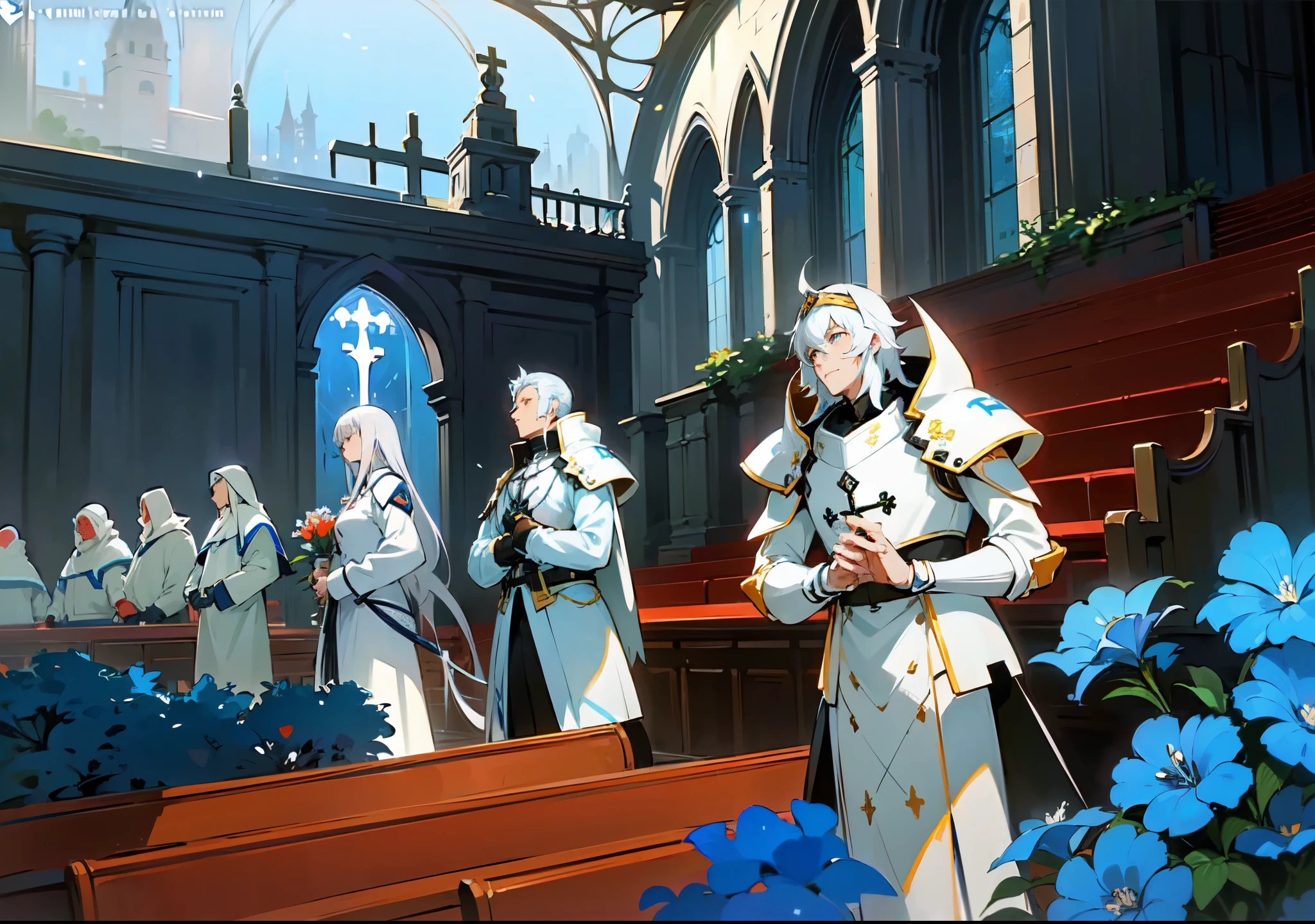 (((anime - style illustration of a group of sci-fi white knights lined in front of a church))), [ red carpet going up the stairs to the church ], white and blue theme, blue flowers, leafs flying around, tress, lights and fireflies, from punishing gray raven, from fate grand order, fine details, cushart kenz, from arknights, trending on artstation pixiv