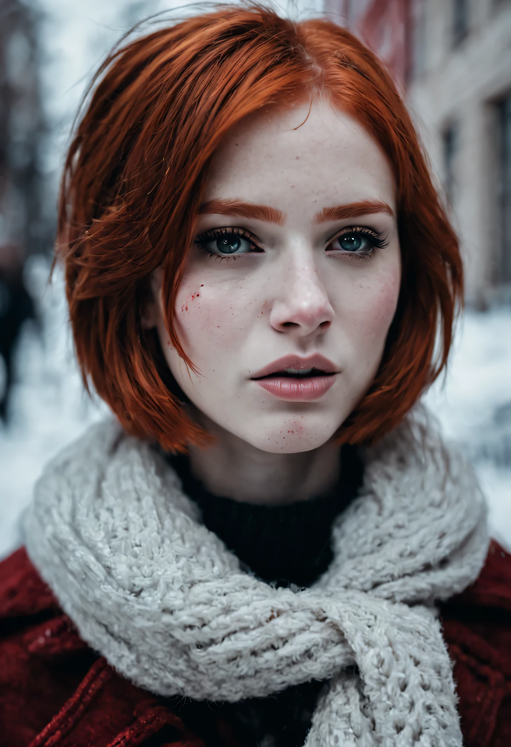 Winter Street. Red-haired girl. cutie. short hair. The girl has a nosebleed