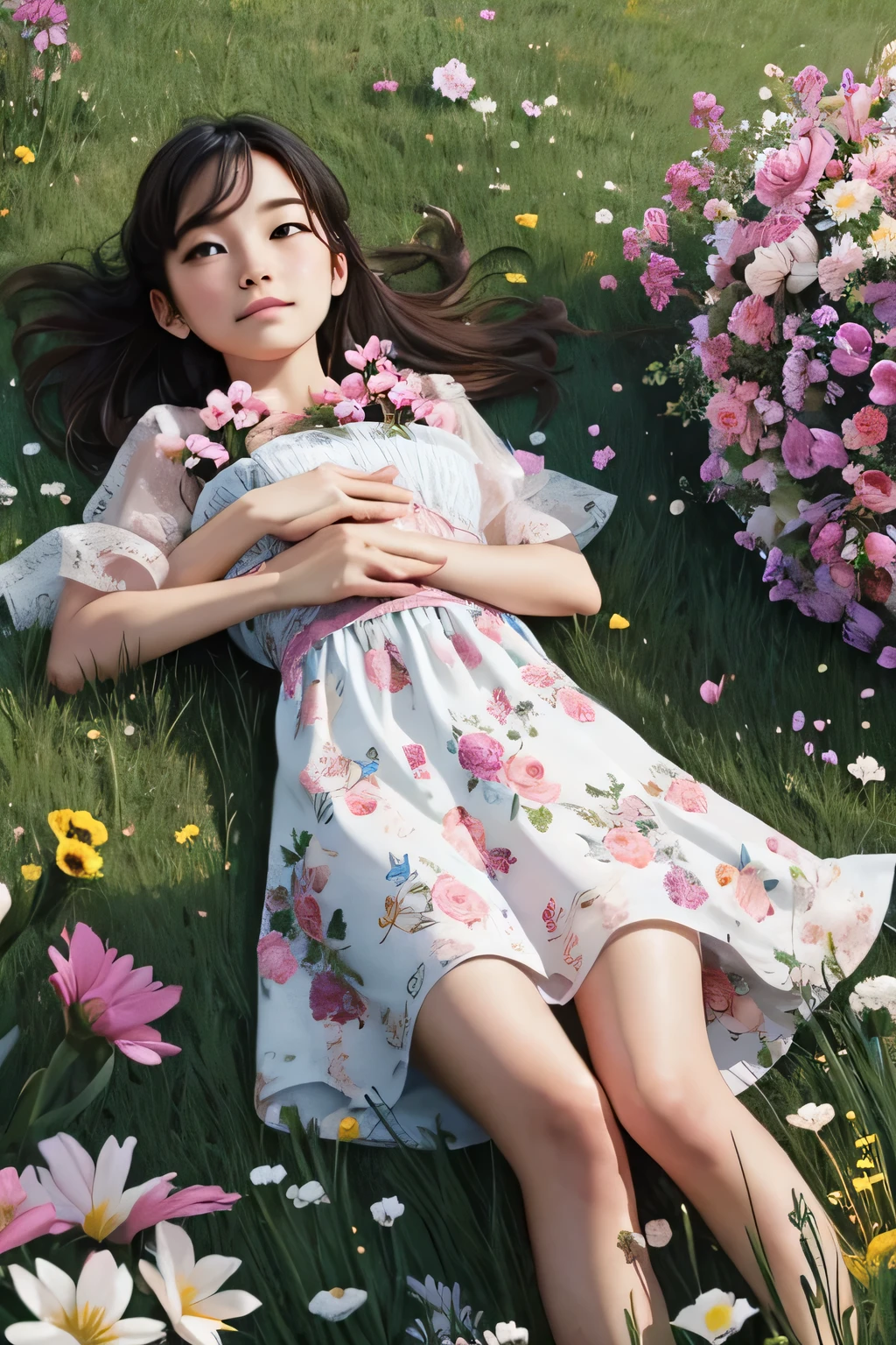 a girl lying on the grass surrounded by flowers and animals