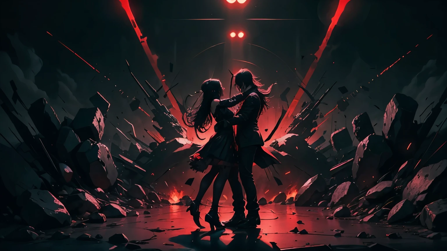 rock n roll. dancing. black and red. Lights. Dark. Sinister.