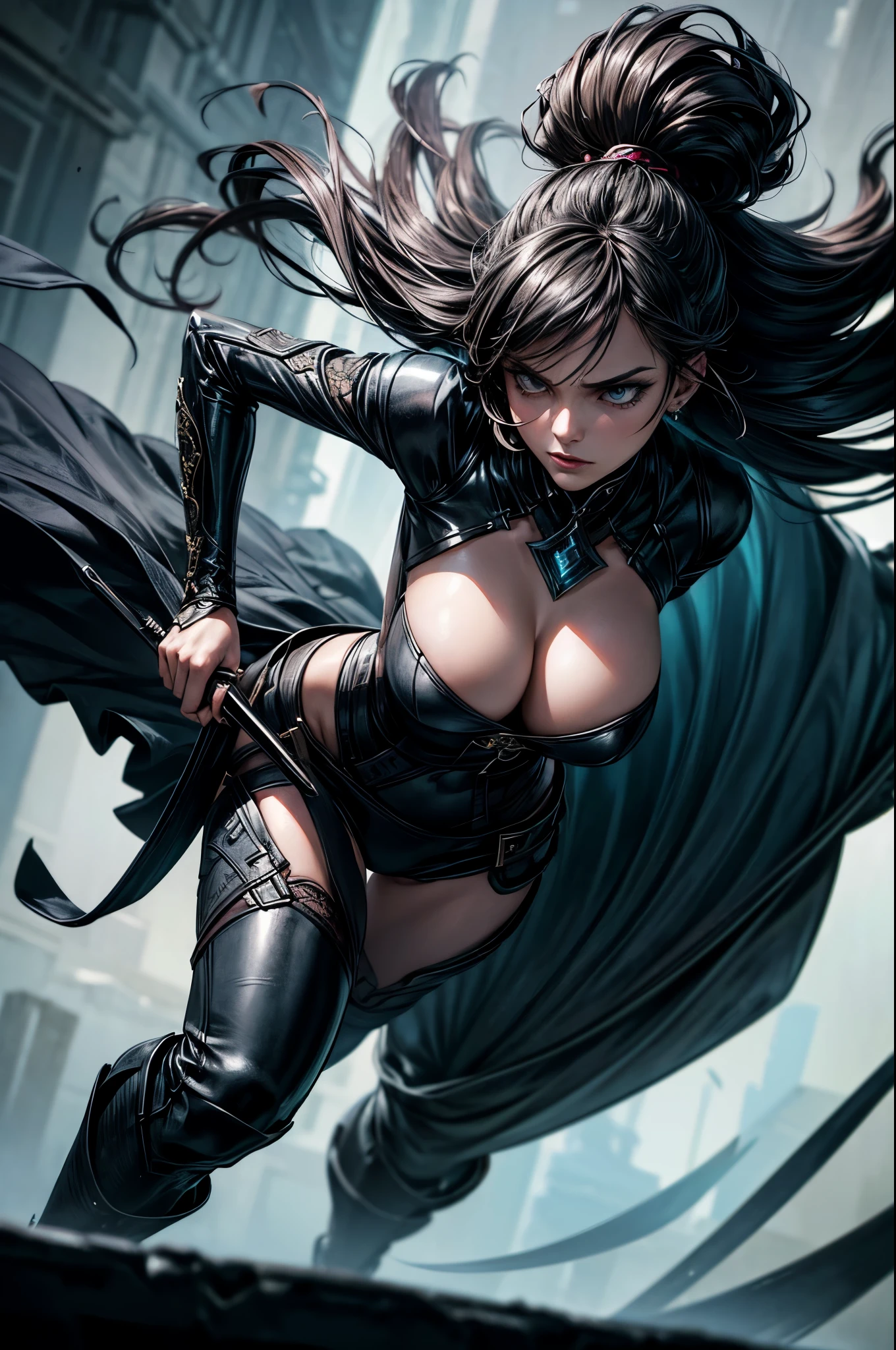 A fiercely skilled woman assassin, her lithe and agile figure is adorned with deadly blades that glint menacingly in the light. The image is a stunning digital painting that captures the intensity and artistry of the subject. Every detail excels, from the intricate etchings on the blades to the sleek texture of her black leather outfit. Her piercing eyes exude a sense of focus and determination, while her flowing hair accentuates her fluid movements. ((the image shows her full body)). This impeccably crafted image portrays the woman assassin as a formidable and captivating force, drawing the viewers into a world of intrigue and danger.