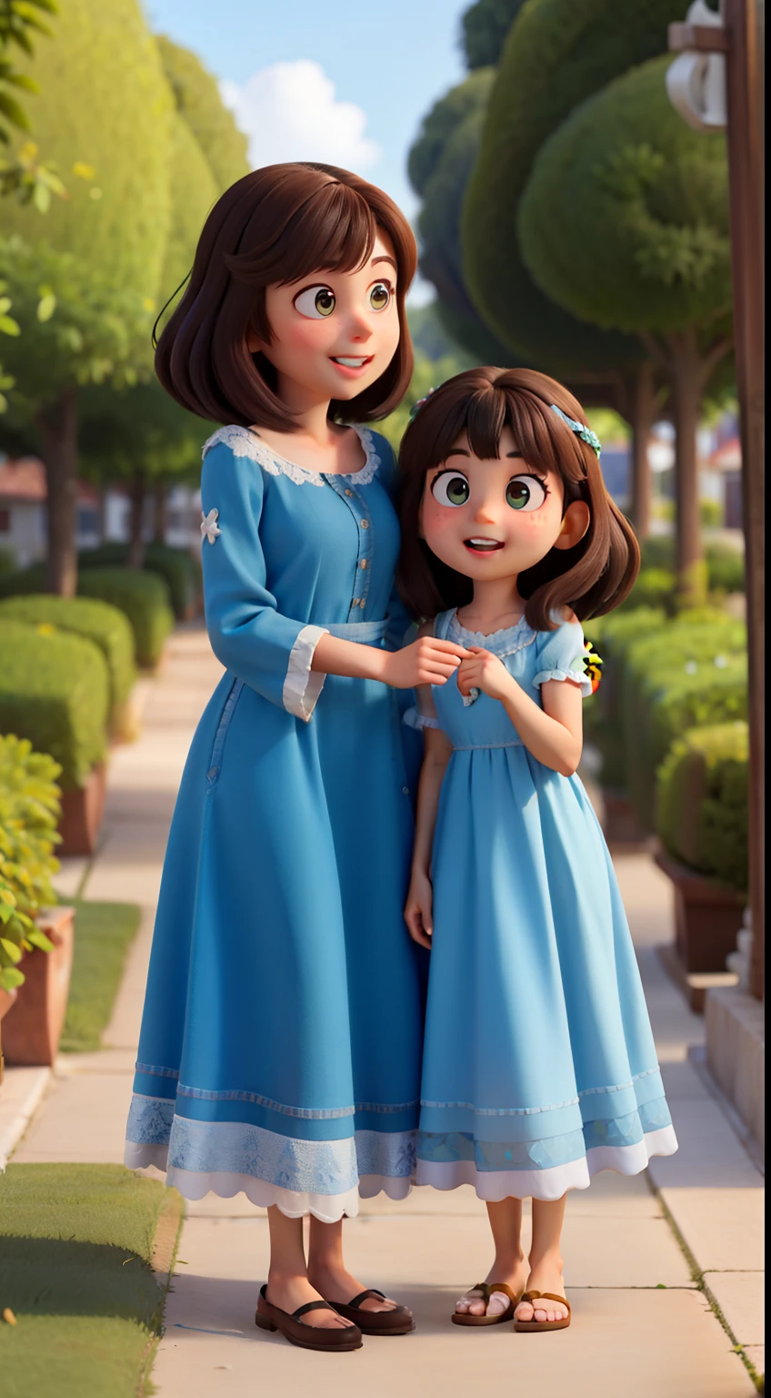 create a Disney pixar image of three female sisters, a primeira tem 24 anos e tem com cabelos escuros e lisos comprimento do cabelos fica no meio das costa e o cabelo fica de lado e ela tem grandes olhos pretos e tem aparelho nos dentes, and is wearing a long blue flowery dress. And the second woman is 27 years old with light and dark brown hair and medium length hair in the middle, e com olhos marcantes e seria, She is brunette and wears a dark black dress with details. And the third woman is 22 years old and thin, has long, dark hair like bangs, brown skin like an Indian, e veste um vestido verde. And they are hugging each other in a very beautiful place in nature.