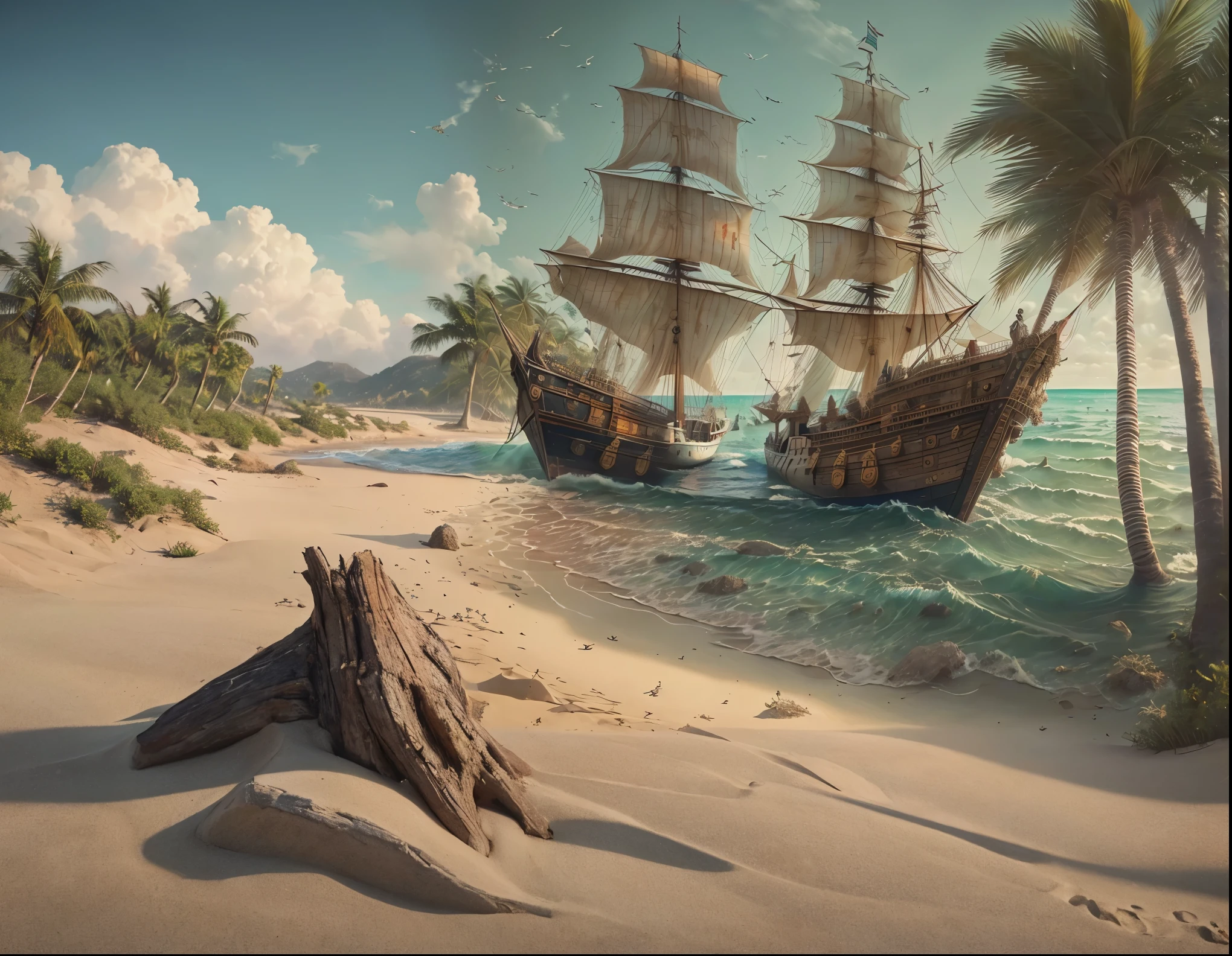complete the natural setting with sand and palm trees