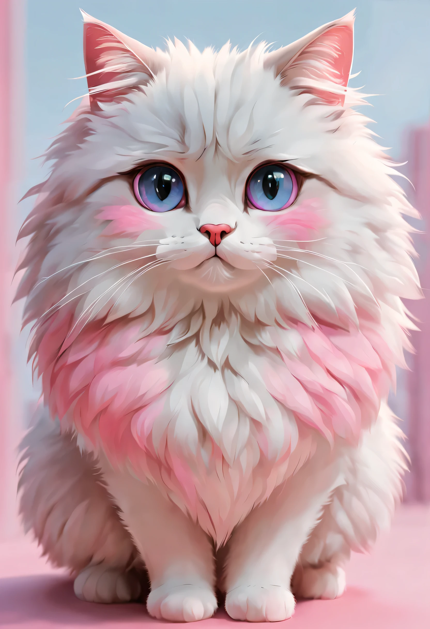 Um gato fofo、olhos grandes,It is a little complicated、cores brancas e rosa、pelo grosso、The background is simple,There is only one color、A pink heart is painted on the cheek、rindo