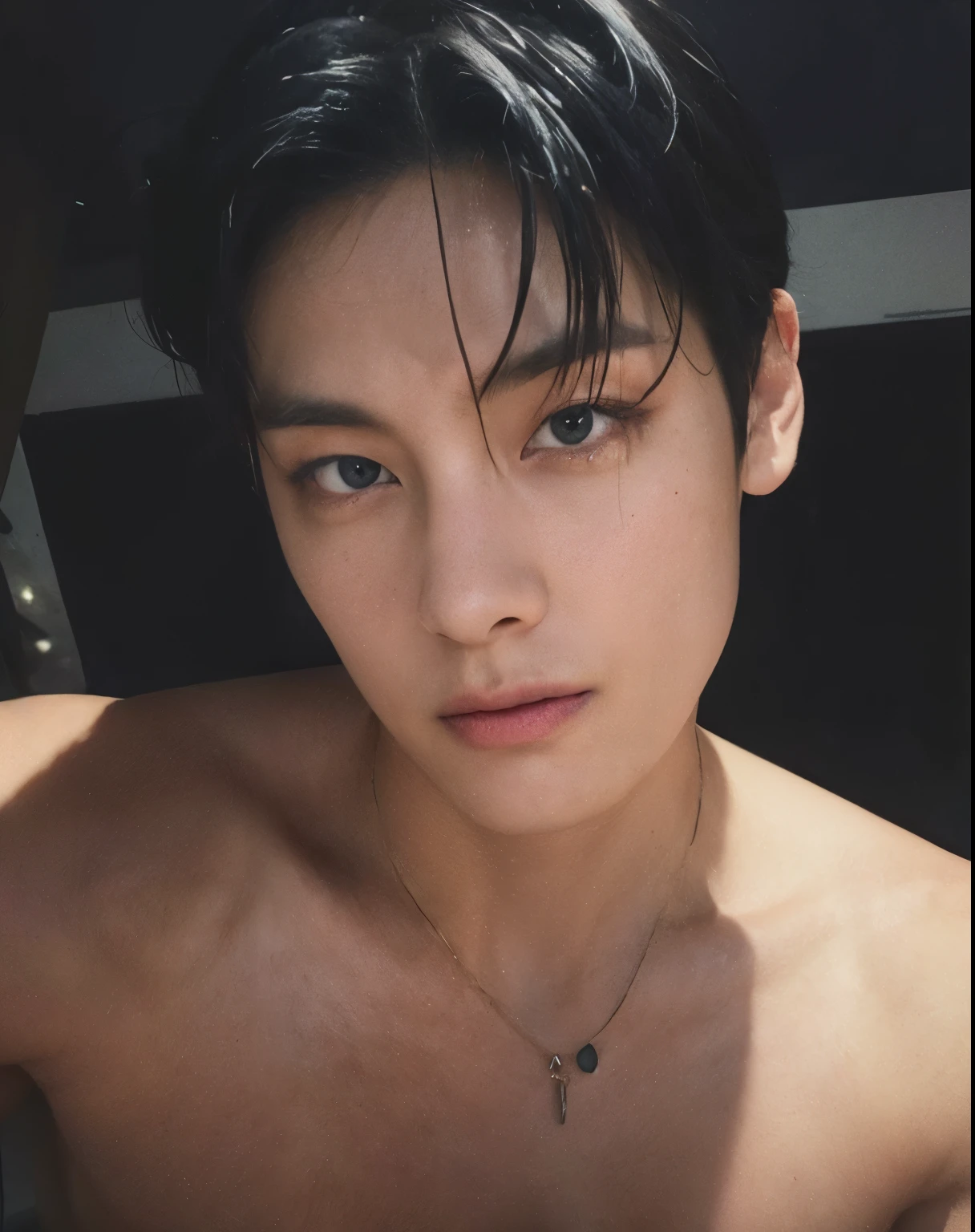 Jeon Jungkook from the group BTS korean with piercings in his eyebrows, lips, with curly hair and mullet, ripped and tattooed, on Copacabana beach