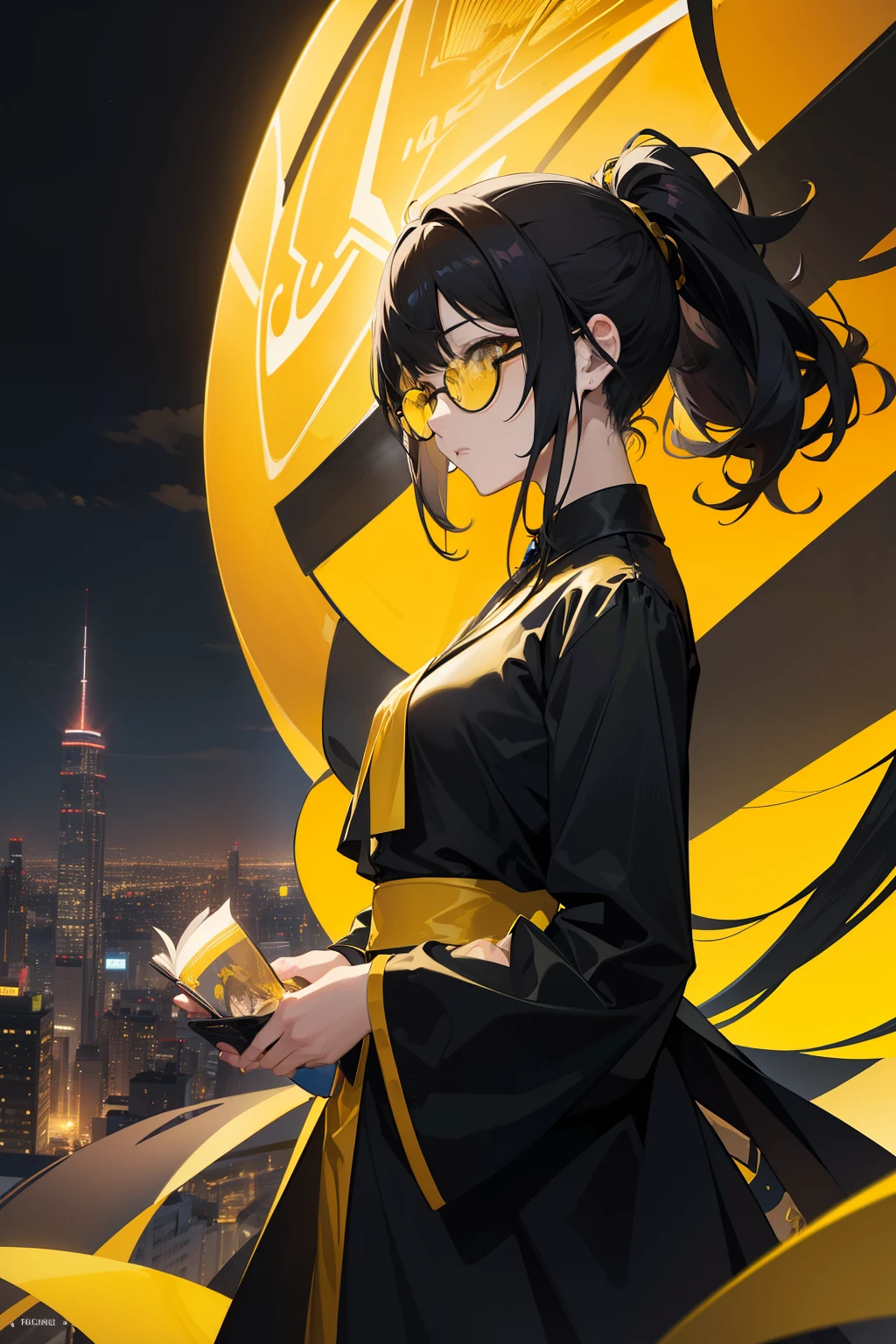 Masterpiece, one woman, solo, clad in a black smoking, wearing yellow-tinted glasses and a yellow blouse, against the backdrop of a brightly lit cityscape. Anime style --s2.

High-quality masterpiece, lone figure, woman in a black smoking, donning yellow-tinted glasses and a yellow blouse, brilliantly rendered in an anime style against the illuminated cityscape.

Dynamic and intricately detailed, this masterpiece showcases a solitary woman dressed in a black smoking, adorned with yellow-tinted glasses, and a yellow blouse, set against the luminous cityscape. The anime-inspired art style brings