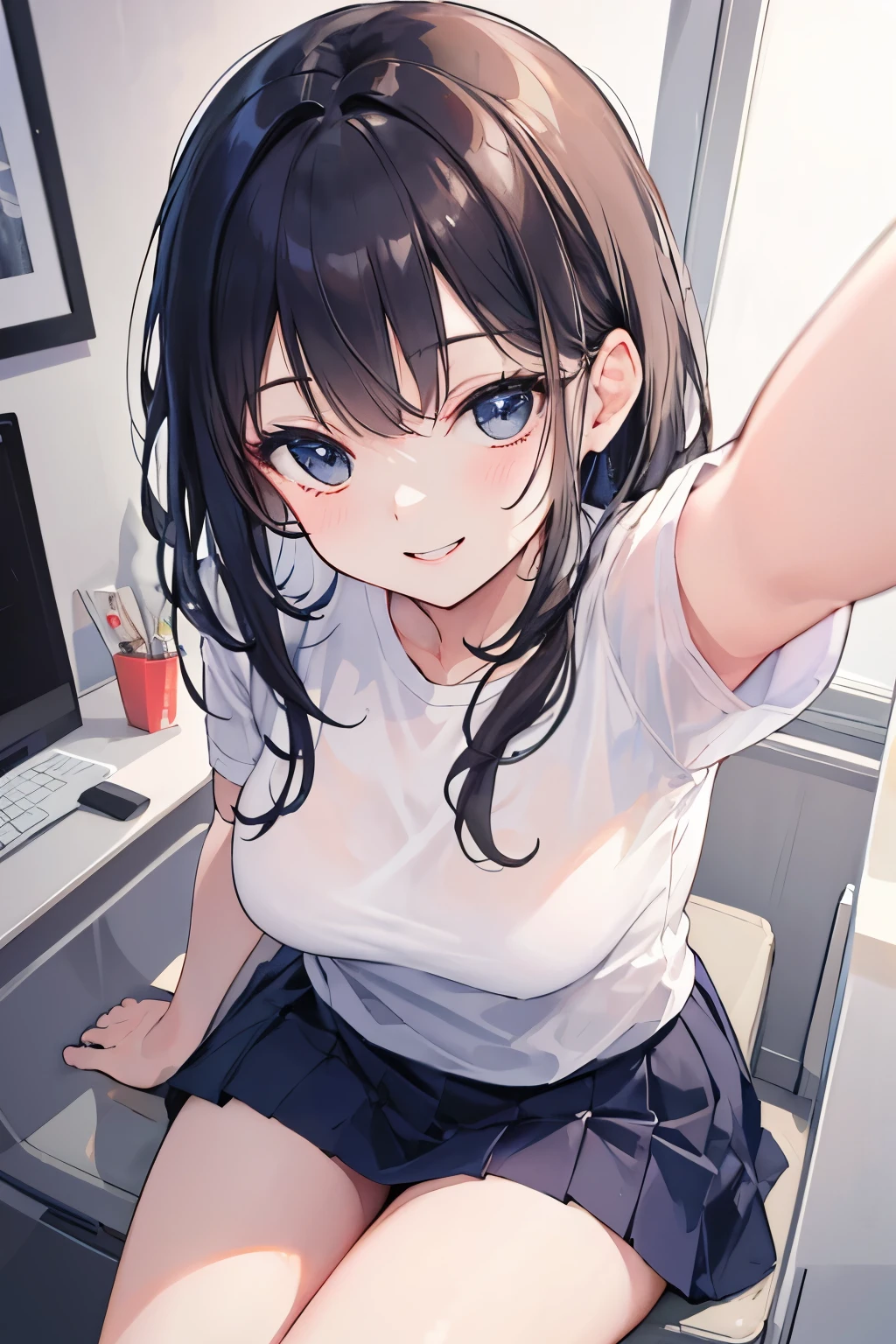 ((best quality)), ((masterpiece)), (detailed), perfect face,white shirt, mini skirt, Stretching out, cute smiling face