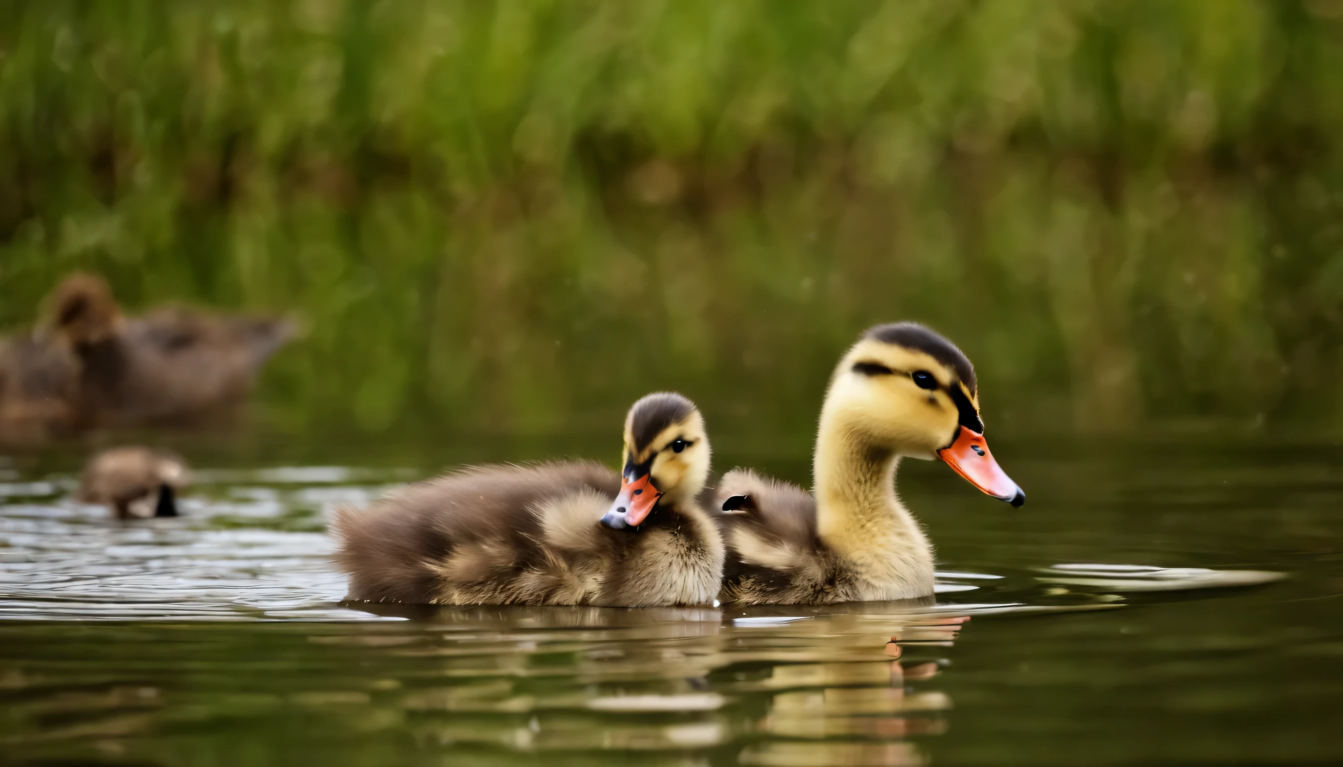Exploration and Learning: Visualize a pond with ducklings enthusiastically paddling beside their mother. Some are boldly venturing farther, while others stick close, mirroring the diversity of personalities within the brood.