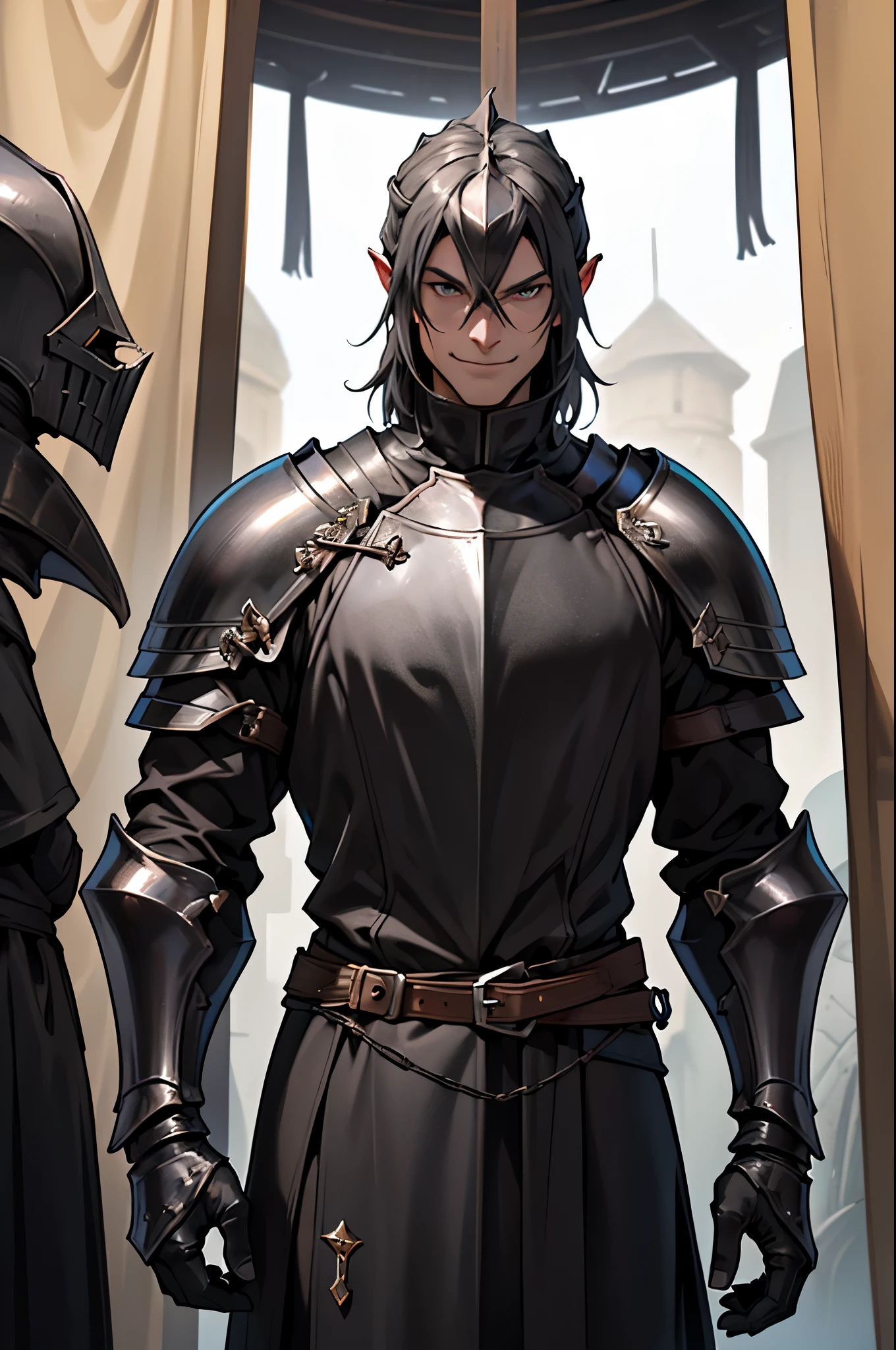 A (((knight in black armor))), with a subtly sinister smile and eyes that suggest deceitfulness, standing amidst a backdrop of (doubtful crowds) gathered around a booth where a (charlatan) is peddling questionable wares. Dungeons and Dragons NPC