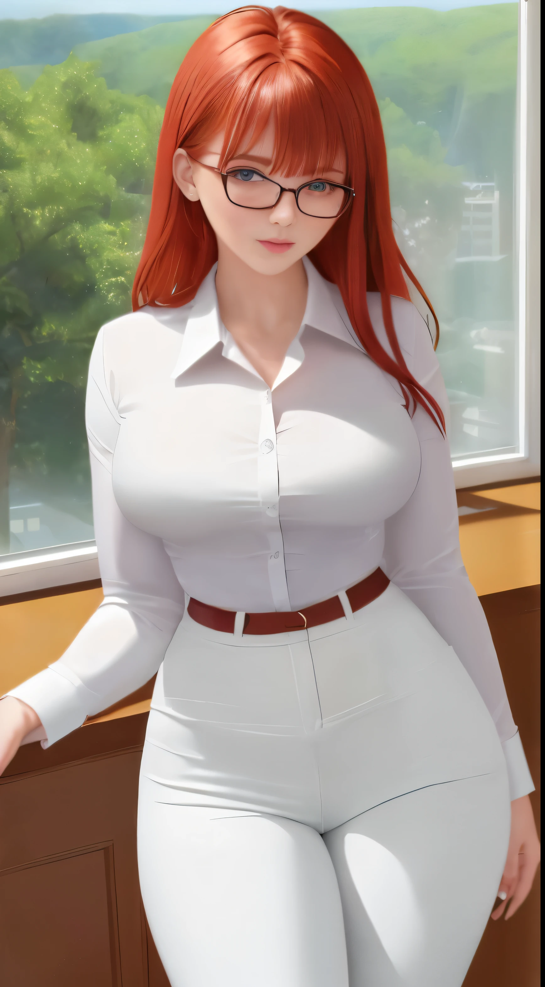 /paint (masterpiece, Best quality), 8K, ultra detailed, realistic photo, Detailed face, perfect lighting, Beautiful eyes, bright red hair, bright hair, nice legs, side photo, beautiful, Cute, skin pores, 1 girl, stand in the office, hiking, Office pants, perfect shirt, fully dressed, beautiful women 20 years old, Beautiful proportions, Russian woman, Caucasian, European, Businesswoman, stunningly beautiful woman, mother, thick legs, big breasts, (Thin white shirt:1.4), thick, hot, (White Office Wear:1.4), tight pants, (wide hips:1.2), thick, (white Office pants:1.3), spread your legs, Legs open, full length, wide hips, Glasses