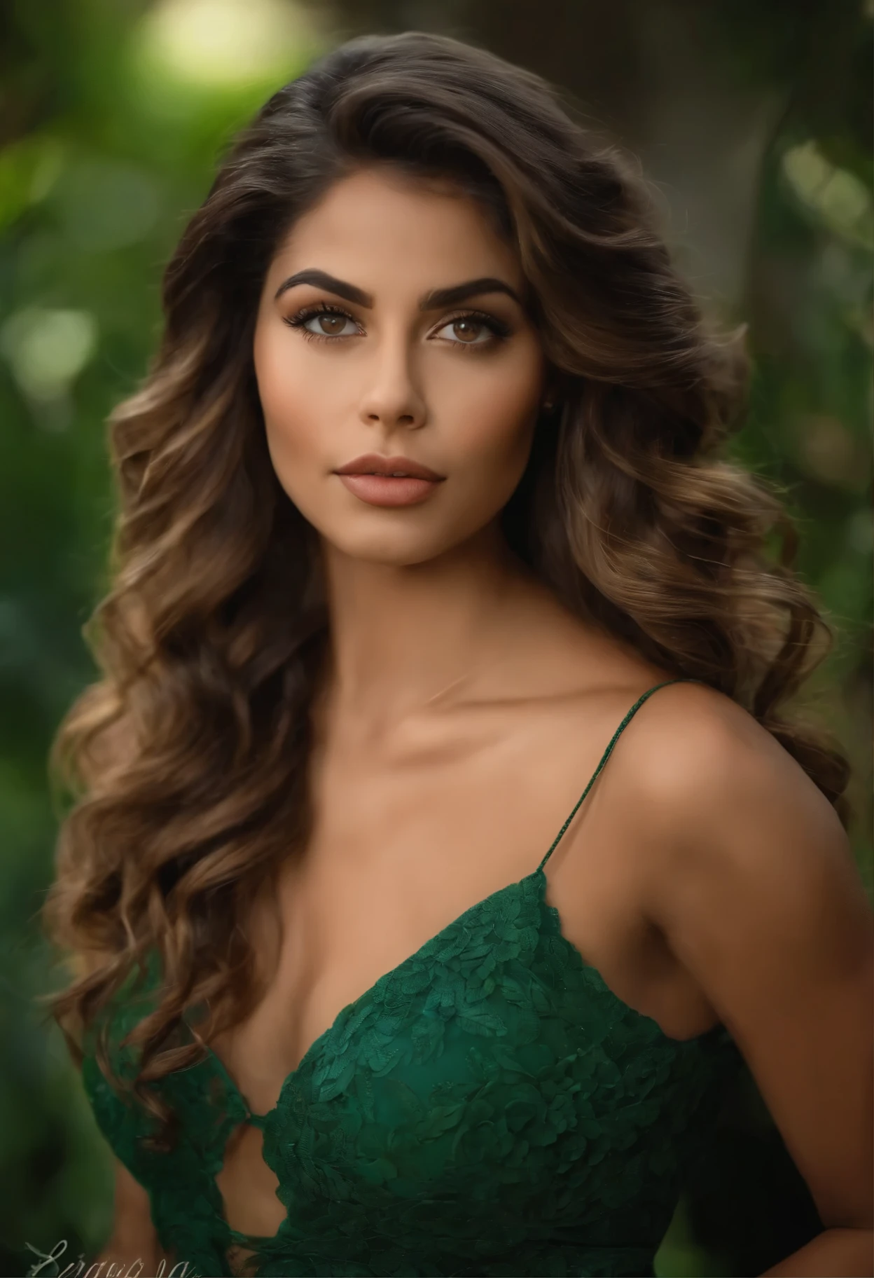 Imagem de uma mulher 26 anos, estilo disney, ela adora ler, possui cabelos pretos ondulados, Latin appearance, boca bem definida, cabelos nos ombros, confiante, striking green eyes